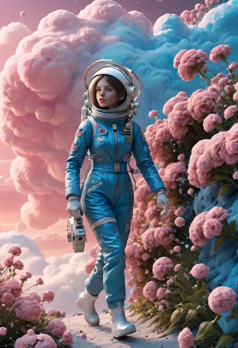 1 girl, Blue leather coat,，astronaut在粉红云彩的花丛中行走， astronaut，astronaut无法离开这个星球，astronaut迷失在无边无际的太空中.