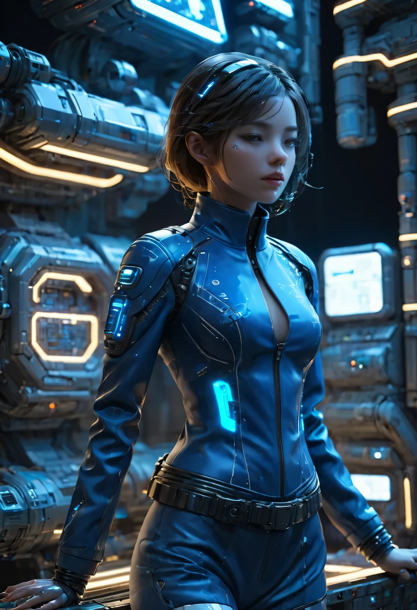 1个girl, Blue leather coat, girl, medium breasts, uniform, Sci-fi night scene neon top quality ultra high definition cyberpunk，space station base