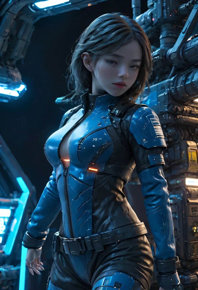 1个girl, Blue leather coat, girl, medium breasts, uniform, Sci-fi night scene neon top quality ultra high definition cyberpunk，space station base