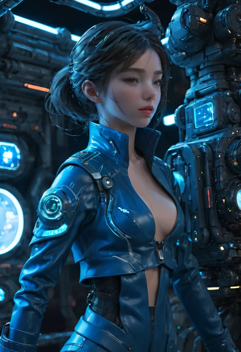 1个girl, Blue leather coat, girl, medium breasts, uniform, Sci-fi night scene neon top quality ultra high definition cyberpunk，space station base