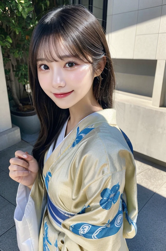 （kimono）、(highest quality,masterpiece:1.3,Super high resolution,),(super detailed,caustics),(Photoreal:1.4,RAW shooting,)ultra-realistic capture,very detailed,High resolution 16K human skin close-up。 Natural skin texture、,The pores are、、Must be detailed enough to be easily identified。 Skin should look even-toned and healthy。 Use natural light and color,1 girl,Japanese,23 years old,cute,black haired,middle hair,,smile,turn the body forward,(Front view:1.2),,(、tear bag、solid bangs、best quality、Super high resolution、Depth of bounds written、chromatic aberration、、wide range of lighting、natural shading、)、A photo that shows the whole body