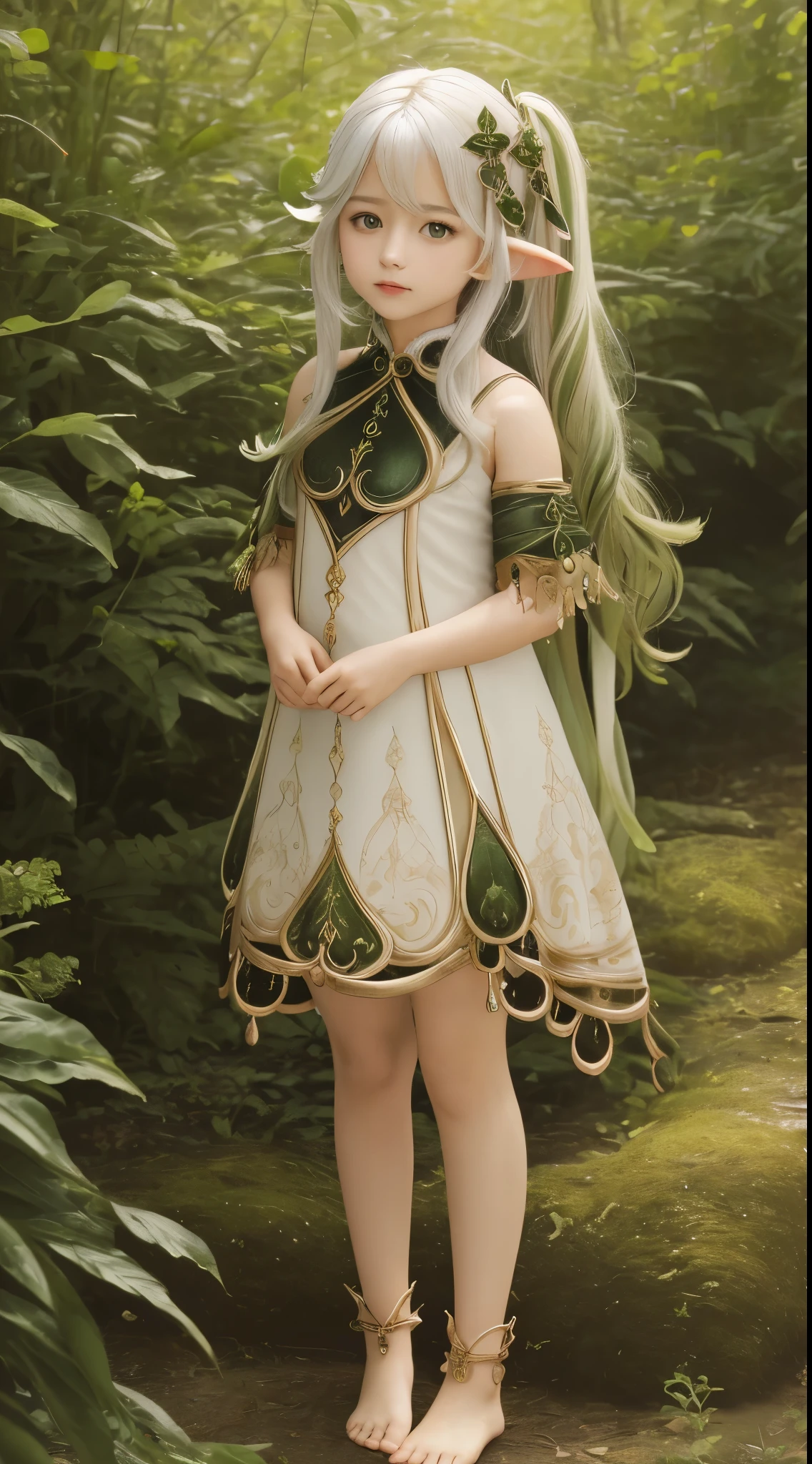 (masterpiece, best quality, ultra-detailed, highres), perfect face, side lighting, glossy skin, standing upright,
(bloom), (brightness), lighting, ray tracing, 12 yo, elf ears, forest, outdoor, depth_of_field,
Nahida (Genshin Impact), Green Eyes, (Hair Ornament), Barefoot, Long Hair, Petal Swirl