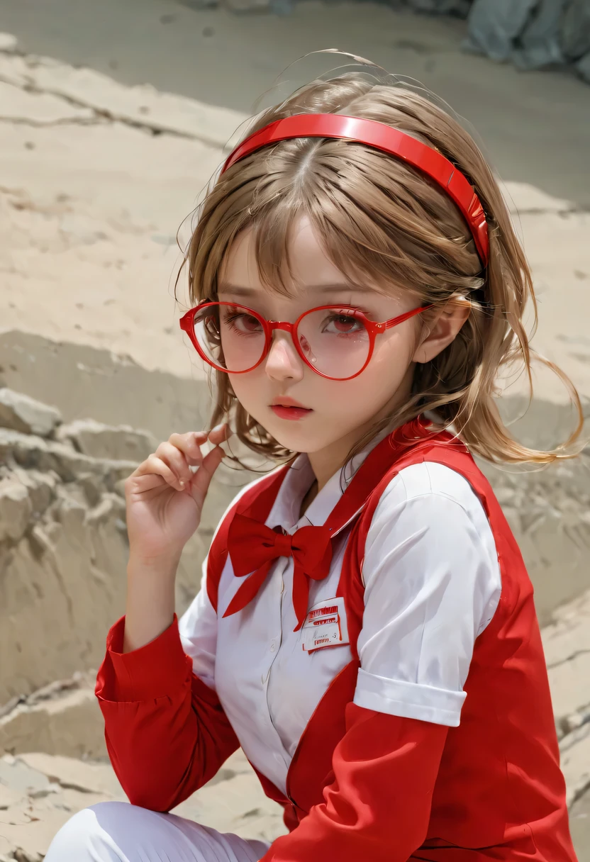 masterpiece, the best_quality, 1 girl, alone, Ten, uniform, Wearing red glasses on head,