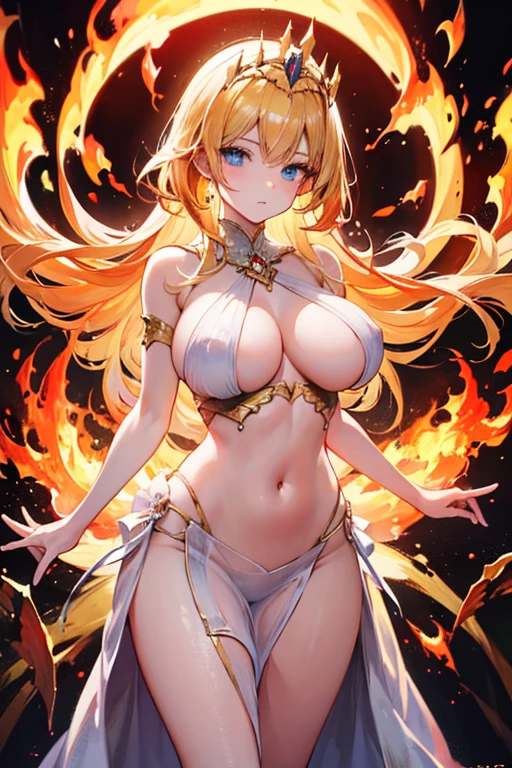 young woman, perfect body, shinny blueeyes, perfect ?????, perfect thighs, fire crown, long golden blonde curvy hair, transparent long white dress, lingerie, exposed belly, exposed thighs, red and gold mixture cloths, highly detailed enchanted cloths, standing and starring, head to mid thigh:4.5 photo, eye level camera angle, dark lighting, fire radiation, flames background, detailed background, fantasy art, hyper realistic,