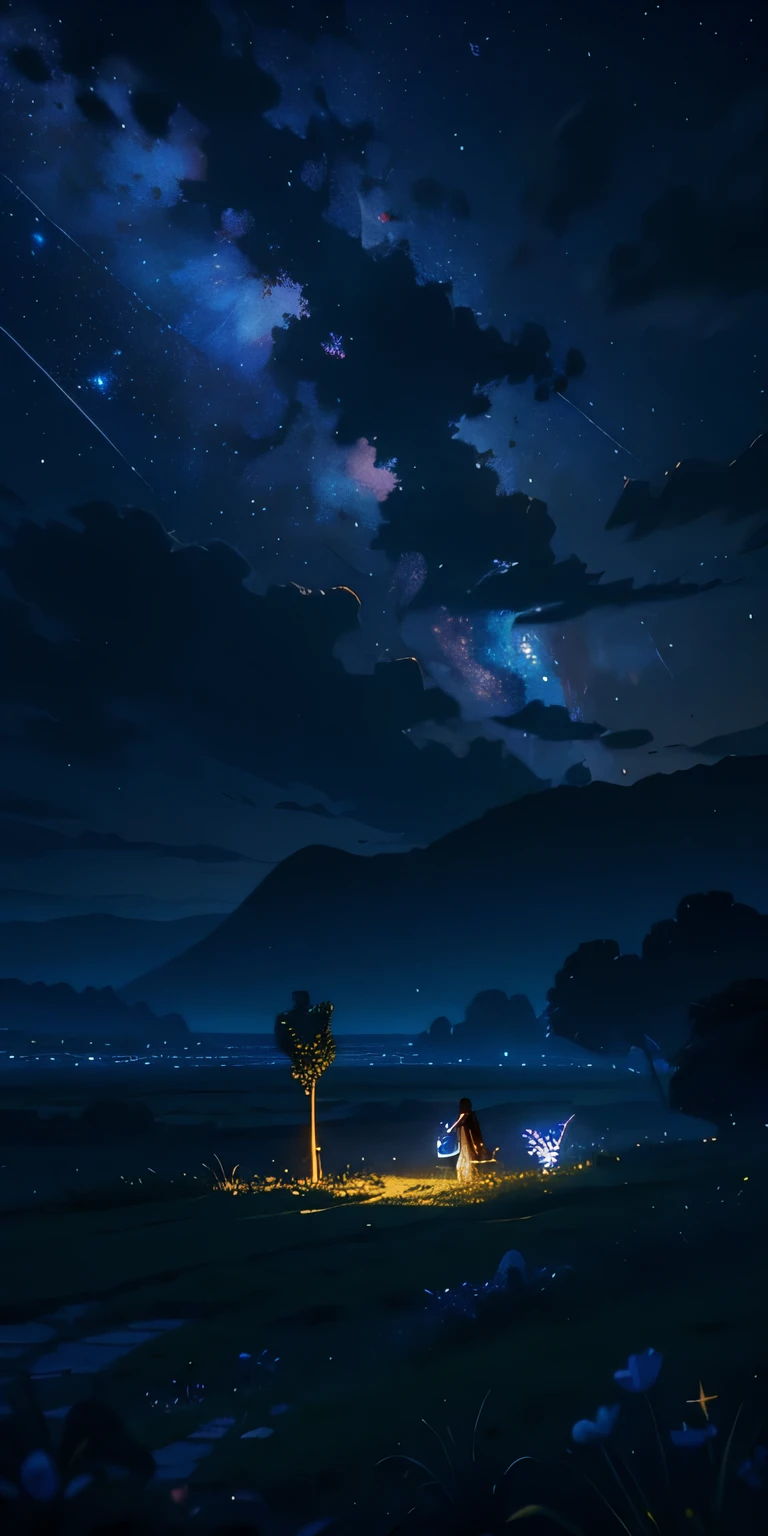 parte maestra, gorgeous, paisaje, (((NO_HumaNOs))), noche, flor, garden, cielo estrellado, constelaciones,((Luna llena)) , impresionante, vista, agua, caliente, acogedor, peaceful, Meteoro, cosmic, magia, magia, particles, Justo, ((fireflys))