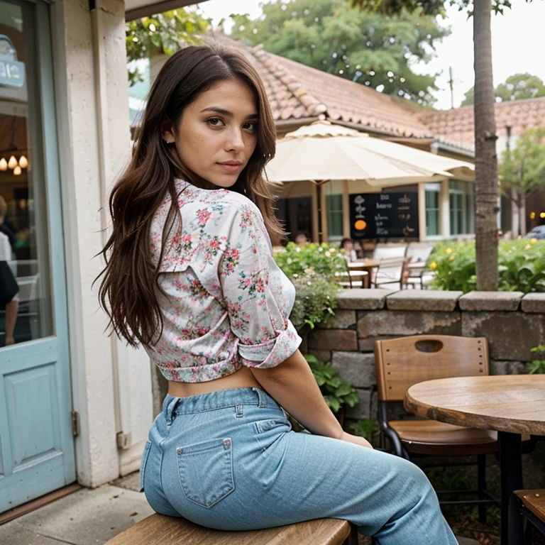 23-year-old hyper-realistic Latin girl with freckles, mood selfie for instagram, Ultra Definition, (photoreallistic: 1.4), 8k, calidad premier, fondos detallados, cara delicada, maquillaje natural, foto raw, iphone, HDR, Coqueteando con el espectador, flowers Print Top: Bold and fashionable., flowers Print Pants: Bold and street-style ready., BREAK (Quaint coffee shop with outdoor seating:1.2), cinematic soft lighting, big ass, sitting with big ass