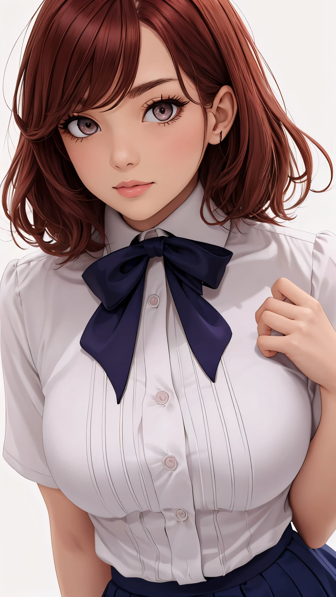 a beautiful woman, 32 years old, short red hair, shimmering brown eyes, with , with a purple and pink blaser, skirt, and white background, intricate details,