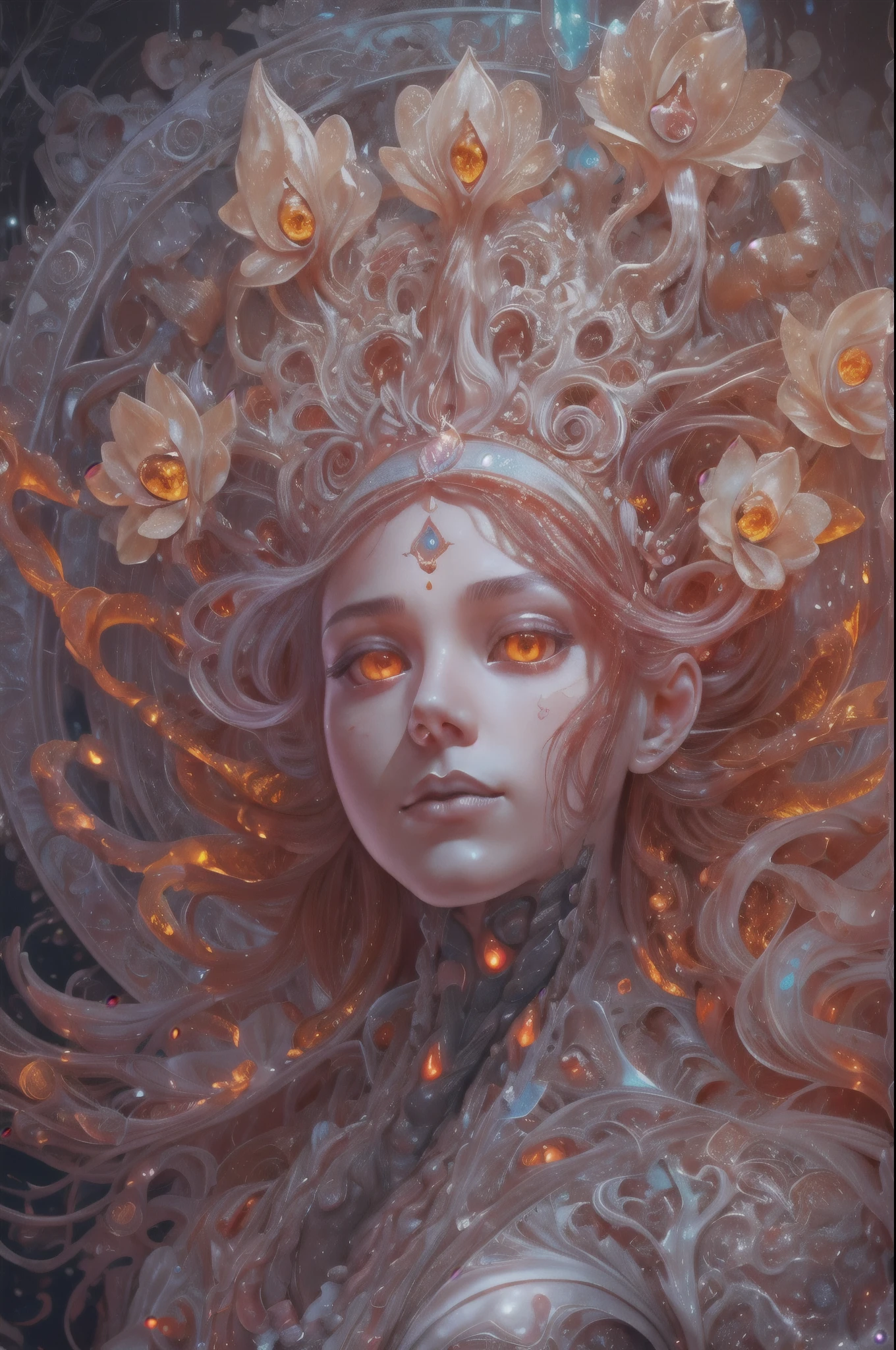 ((female ornate alien princess)), (with white long flowing hair), (bright beautiful red eyes), trending on artstation, flowers of hope by Jean-Honor Fragonard, Peter mohrbacher, hyper detailed, insane details, stunning, intricate, elite, art nouveau, ornate, liquid wax, elegant, luxury, Greg Rutkowski, ink style, sticker, vector-art beautiful character design, double exposure shot, luminous design, award winning, masterpiece, amoled black background, (There is a female genital-like organ in the middle of the forehead:1.9)
