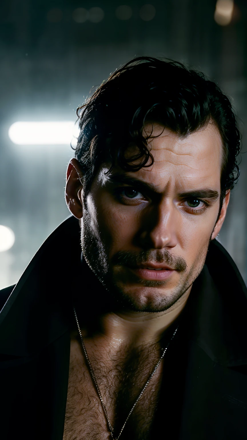 Retrato facial de la persona de Henrycavill usando un esmoquin negro, un parche en el ojo izquierdo, con heridas en el cuerpo y rostro, En Blade Runner, Professional photography, high resolution, 4k, foto detallada, 