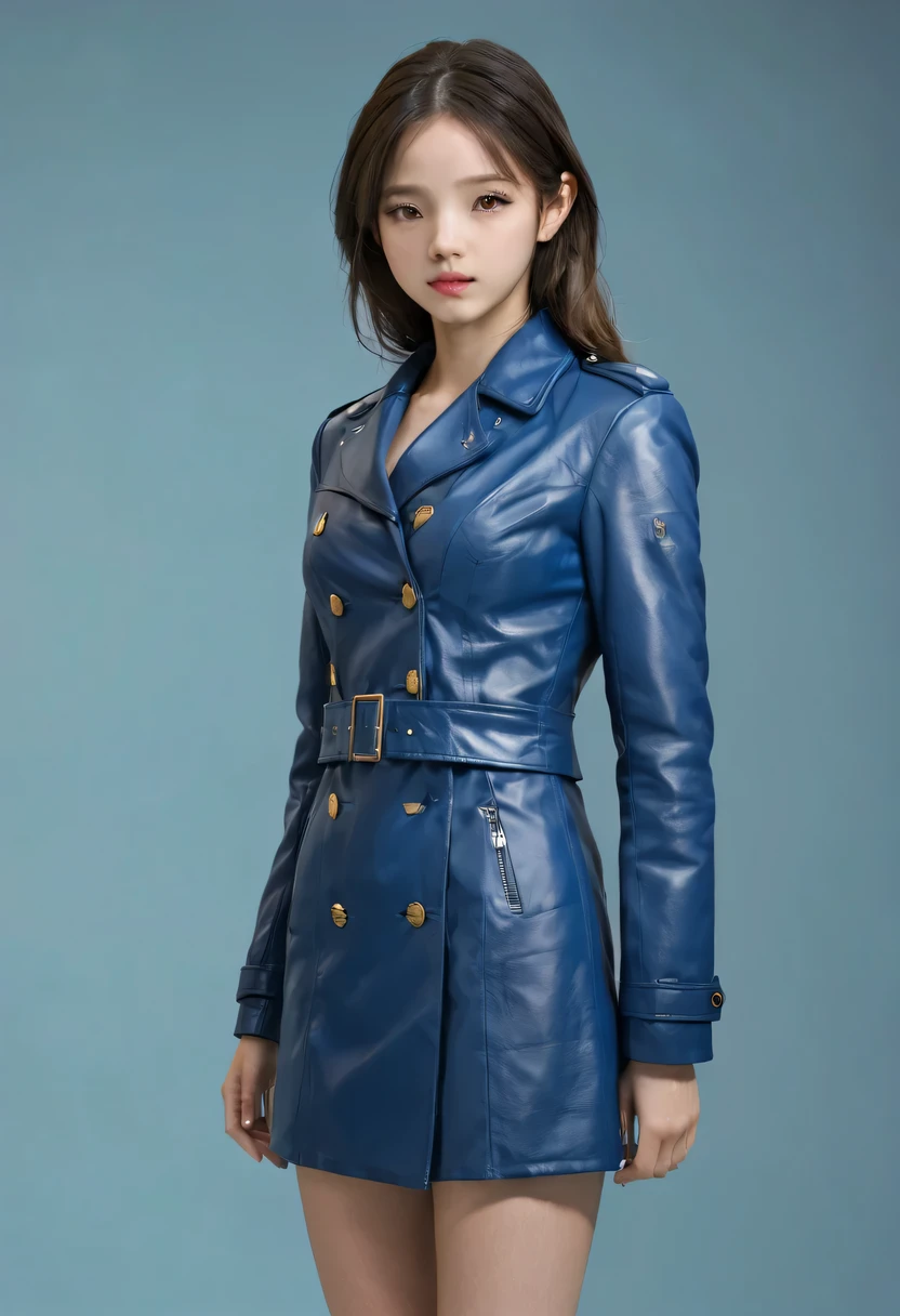 1个girl, Blue leather coat, girl, medium breasts, uniform, portrait, simple background,