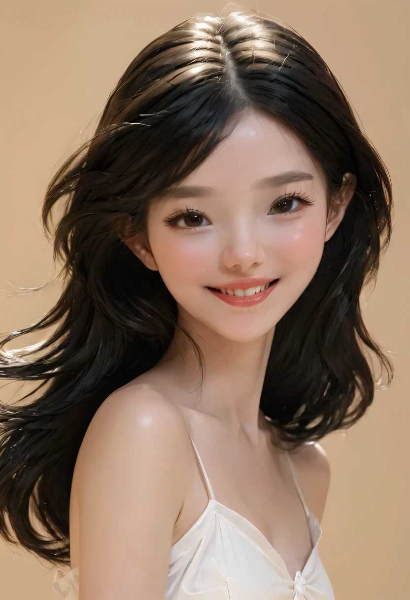 Top Quality, Masterpiece, Ultra High Resolution, Photorealistic, 1 Girl, Off Shoulder, Smile, oversized_sweater, Soft Lighting, Detailed Skin, Black Hair