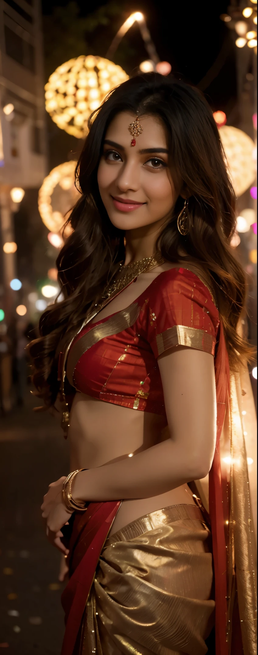 In the enchanting glow of Diwali, the streets come alive with a kaleidoscope of lights and the rhythmic flicker of earthen lamps. Amidst this magical splendor, a mesmerizing sight awaits. A resplendent young woman, draped in a vibrant red saree, stands as the epitome of grace and elegance. The intricate details of her ensemble shimmer softly, reflecting the warm hues of the festive lights around her and fireworks in the sky, With each step, she brings an aura of joy and celebration, her presence illuminating the entire street with a radiance that rivals the brightest fireworks. As she embraces the spirit of Diwali, her infectious smile lights up not only the scene but also the hearts of all who witness her ethereal beauty, ensure the full body portrait,