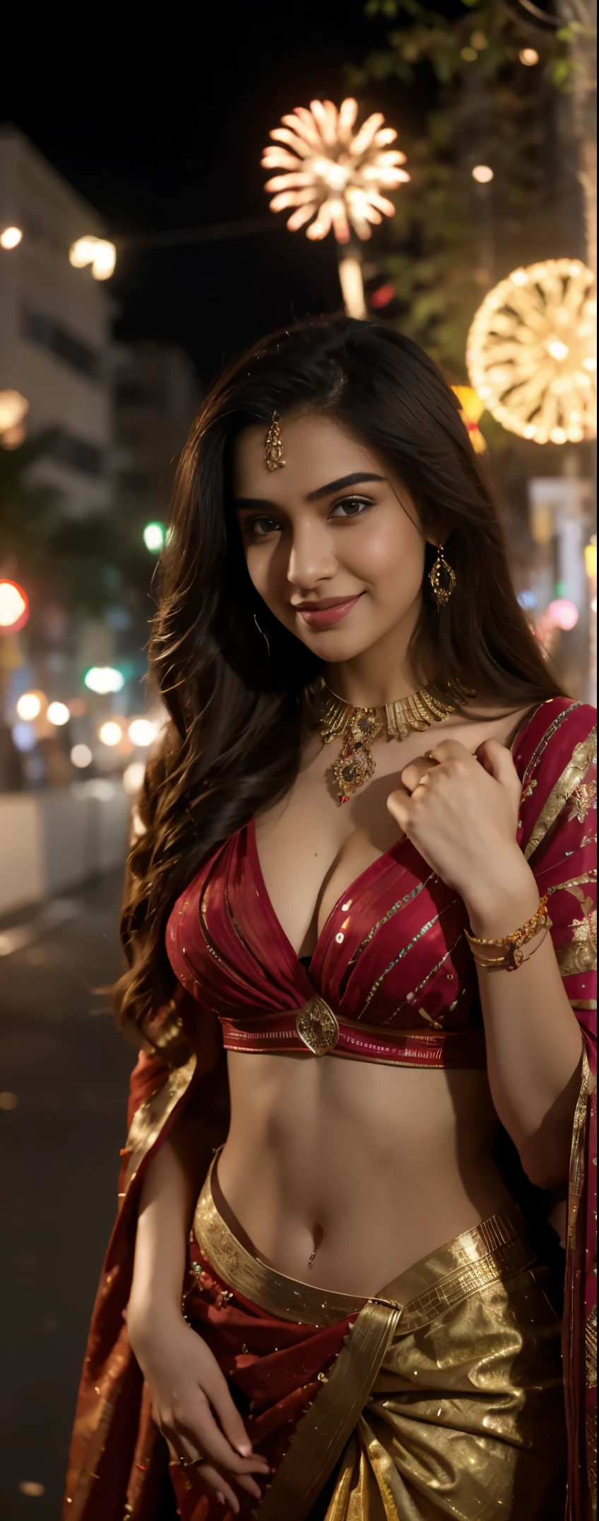 In the enchanting glow of Diwali, the streets come alive with a kaleidoscope of lights and the rhythmic flicker of earthen lamps. Amidst this magical splendor, a mesmerizing sight awaits. A resplendent young woman, draped in a vibrant red saree, stands as the epitome of grace and elegance. The intricate details of her ensemble shimmer softly, reflecting the warm hues of the festive lights around her and fireworks in the sky, With each step, she brings an aura of joy and celebration, her presence illuminating the entire street with a radiance that rivals the brightest fireworks. As she embraces the spirit of Diwali, her infectious smile lights up not only the scene but also the hearts of all who witness her ethereal beauty, ensure the full body portrait,