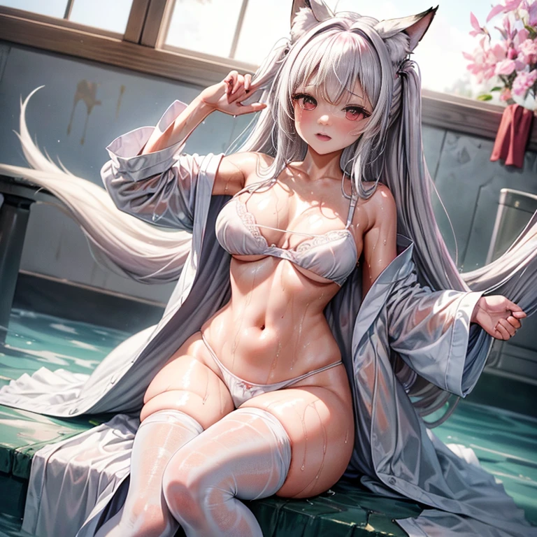 masterpiece、top-quality、1girl in。(bathrobe:1.2), white hair,Red Eyes,(mare:0.8), (Fantastical:0.7), (A smile:0.8),fox ear,salon,wear bra, wear dress , wet clothes,wet hanging,salon, perfect body, perfect breast,((blush on: 1.2)),((fox-tails:1)), perfect big fox-tails, crop top, ((white legwear)),hair bobbles, tights, recumbent on the bed, hot, girl below, looking up,(( Wear dress)), white suit,((wet:1.3)), neckline, navel, t-shirt, ((bra)), clothes lift, tights, perfect face,((peeing:1.4)),wear pantie, perfect breast, perfect body,heart-shaped pupil