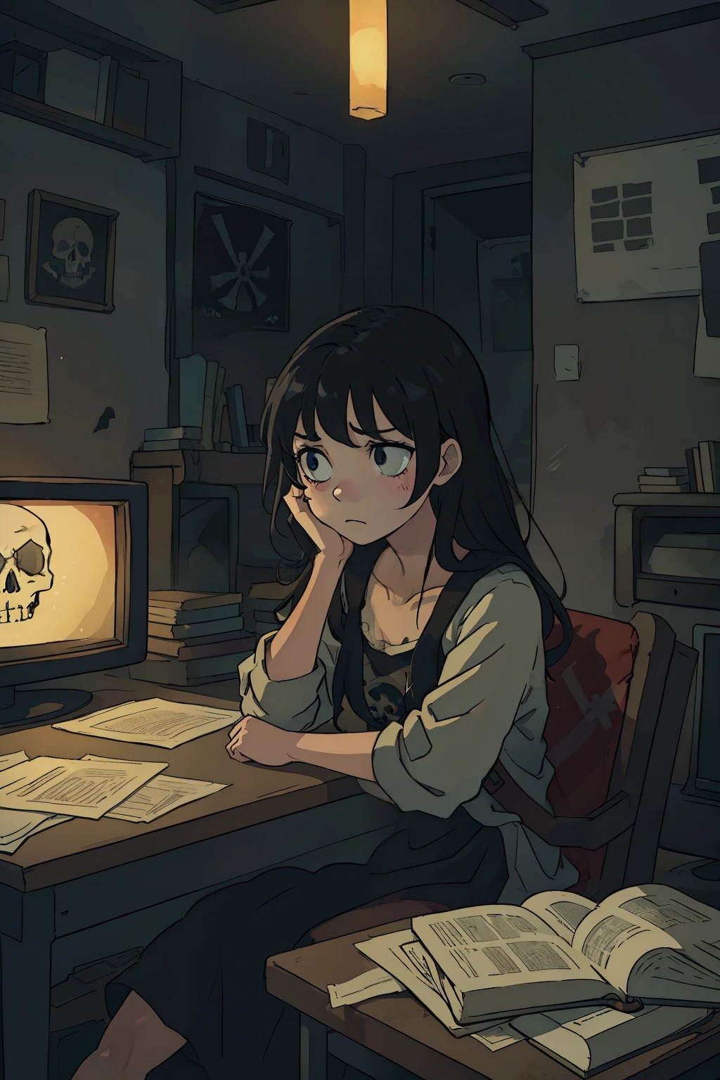 A chilling image of a cartoon character with a skull and crossbones emblem on the screen, her long black hair disheveled and bound, sits dejectedly in her worn-out dress. The room is illuminated only by the dim glow of the television, amplifying the eerie atmosphere. The picture exudes a somber and ominous 90s vibe, with old textures and muted colors that suggest a tragic backstory. The girl's expression conveys fear and despair, her eyes wide with trepidation. The room is cluttered with papers and books, which add to the sense of chaos and confusion. The overall effect is a hauntingly beautiful masterpiece