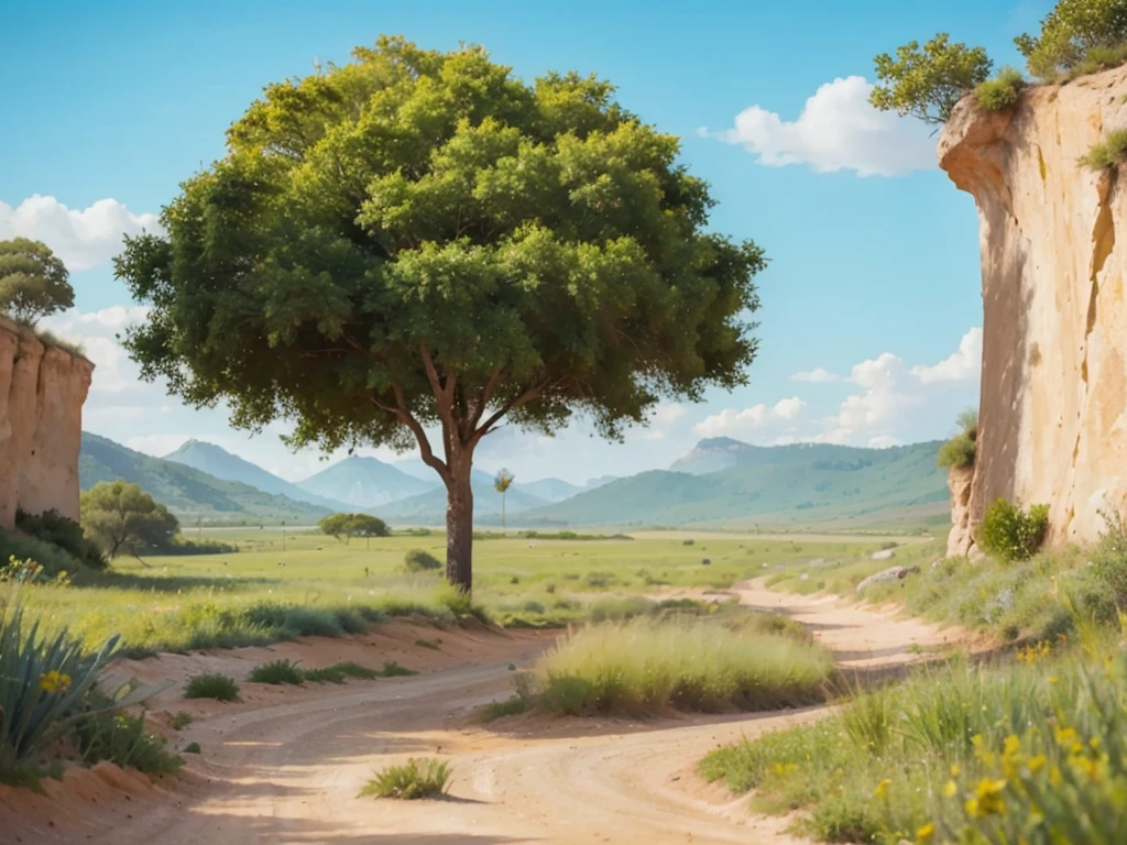 pintura feita em estilo aquarela, onde podemos ver uma estrada de terra que passa entre rios, cercada de vales obscuros e montanhas, in a desert setting, Use the watercolor technique used to create the image, highlighting the soft brushstrokes and translucent colors that bring the scene to life, com algumas tamareiras,