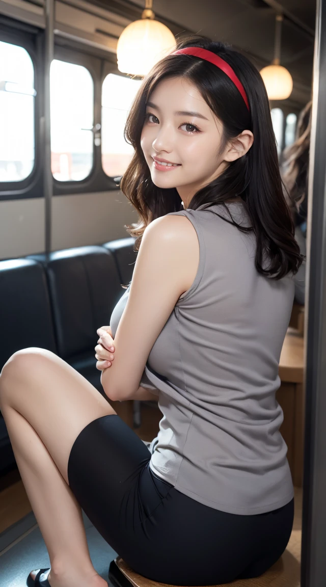 (((full body,including legs)))、(((オフィスレディ、OL、office lady、little smile,sexy、gray tight vest)))、(((horseshoe-shaped hairband)))、sexy,formal ,high heel、Dressed up、(Photo real:1.4)、(A hyper-realistic:1.4)、(Photorealistic:1.3)、 (gentle lighting: 1.05)、(Improve the lighting quality of your video:0.9)、32k、 1Girl、25years old girl、photorealistic lighting、Back lighting、Facial Lights、Ray Trace、(bright:1.2)、(Increase quality:1.4)、 (best quality real texture skin)、Fair eyes,Delicate and delicate face、 (tired and sleepy and satisfied : 0.0), Close-up of the face,gray tight vest,tight gray blouse [button gap :1.2],very tight shirt ,((([see through shirts:1.5]))), gray pencil skirt ,(Bodyline mood improvement:1.1)、Glossy skin,wavy hair、韓国アイドル、乃木坂アイドル、Sculptural Idol Pose、sexy,little smile,blush,Beautiful actress、Neat woman,whole body, large breasts,(perfect row of teeth),slender waist and hip,beautiful long legs,(full shot)、((8heads tall)、(((誘惑している、恥ずかしい)))、random dynamic pose,(eye shadow),(red cheek、red lips),(Super Clean Night View、night time)、blush,little smile,(((full shot)))、(a little open the legs),(((in the crowded night train,sitting down)))