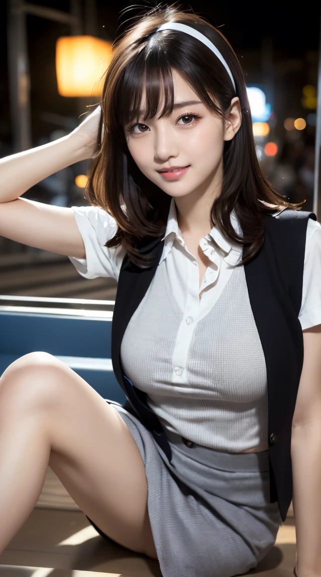 (((full body,including legs)))、(((オフィスレディ、OL、office lady、little smile,sexy、gray tight vest)))、(((horseshoe-shaped hairband)))、sexy,formal ,high heel、Dressed up、(Photo real:1.4)、(A hyper-realistic:1.4)、(Photorealistic:1.3)、 (gentle lighting: 1.05)、(Improve the lighting quality of your video:0.9)、32k、 1Girl、25years old girl、photorealistic lighting、Back lighting、Facial Lights、Ray Trace、(bright:1.2)、(Increase quality:1.4)、 (best quality real texture skin)、Fair eyes,Delicate and delicate face、 (tired and sleepy and satisfied : 0.0), Close-up of the face,gray tight vest,tight gray blouse [button gap :1.2],very tight shirt ,((([see through shirts:1.5]))), gray pencil skirt ,(Bodyline mood improvement:1.1)、Glossy skin,wavy hair、韓国アイドル、乃木坂アイドル、Sculptural Idol Pose、sexy,little smile,blush,Beautiful actress、Neat woman,whole body, large breasts,(perfect row of teeth),slender waist and hip,beautiful long legs,(full shot)、((8heads tall)、(((誘惑している、恥ずかしい)))、random dynamic pose,(eye shadow),(red cheek、red lips),(Super Clean Night View、night time)、blush,little smile,(((full shot)))、(a little open the legs),(((in the crowded night train,sitting down)))