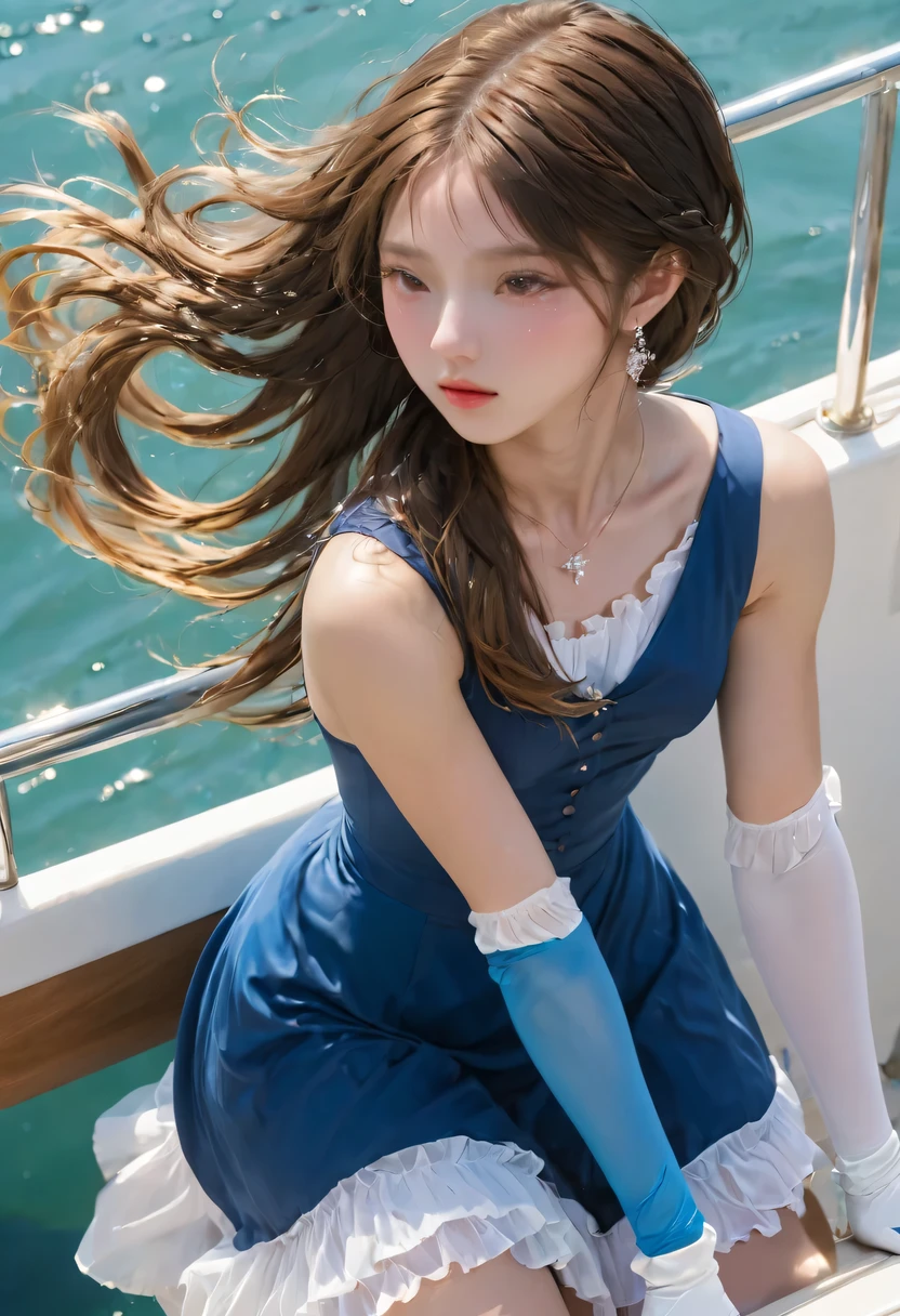 ((best quality)), ((masterpiece)), ((1 girl)), alone, ferry, ((long hair)), ferryBase, ((raise your legs)), bare shoulders, ((jewelry)), ((sleeveless)), white dress, blue skirt, ((Gloves)), Thigh high, from behind.