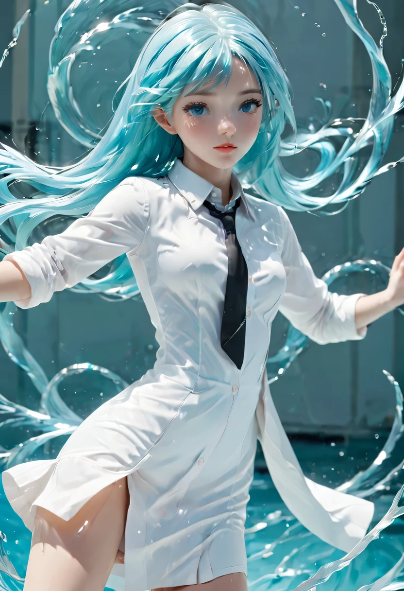 masterpiece, best quality, high quality, high resolution, 1 girl, alone, aqua (flyers), blue hair, long hair, blue eyes, White shirt ,white long coat, black office skirt, raise your legs, whole body, Everlasting, hands in pockets, boring, depth of field, laboratory,