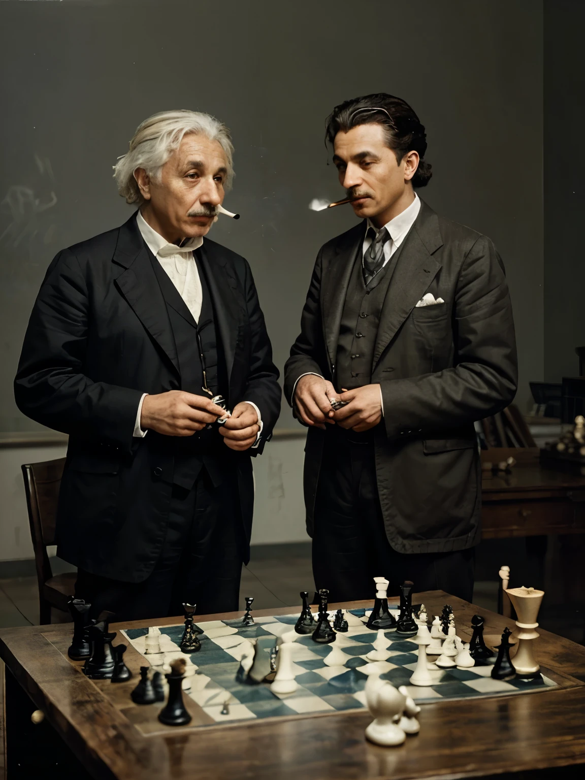 Einstein is focused on the game, holding the chess piece in his right hand, looking at the board with concentration. Tesla appears to be more relaxed, holding a cigarette in his left hand, looking at Einstein with a slight smile