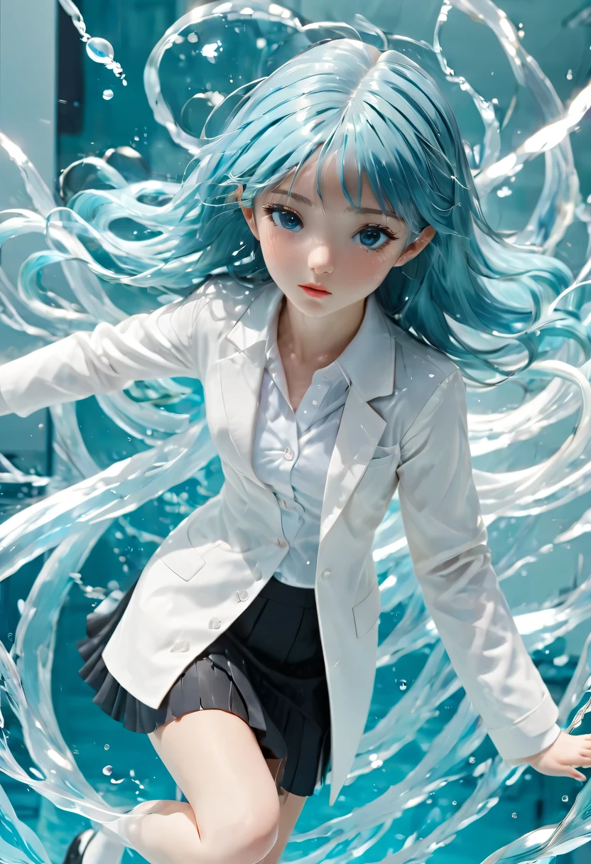 masterpiece, best quality, high quality, high resolution, 1 girl, alone, aqua (flyers), blue hair, long hair, blue eyes, White shirt ,white long coat, black office skirt, raise your legs, whole body, Everlasting, hands in pockets, boring, depth of field, laboratory,