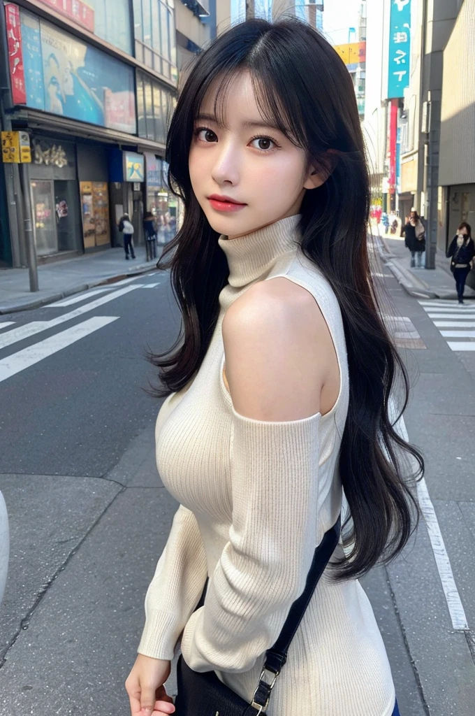 (big breasts、Turtleneck knitwear、shoulder bag)、(highest quality,masterpiece:1.3,Super high resolution,),(super detailed,caustics),(Photoreal:1.4,RAW shooting,)ultra-realistic capture,very detailed,High resolution 16K resolution for human skin、 Natural skin texture、、Skin looks even-toned and healthy、 Use natural light and color,one woman,Japanese,,cute,black haired,middle hair,(Depth of bounds written、chromatic aberration、、wide range of lighting、natural shading、)、(hair swaying in the wind:1.2)、Tokyo cityscape