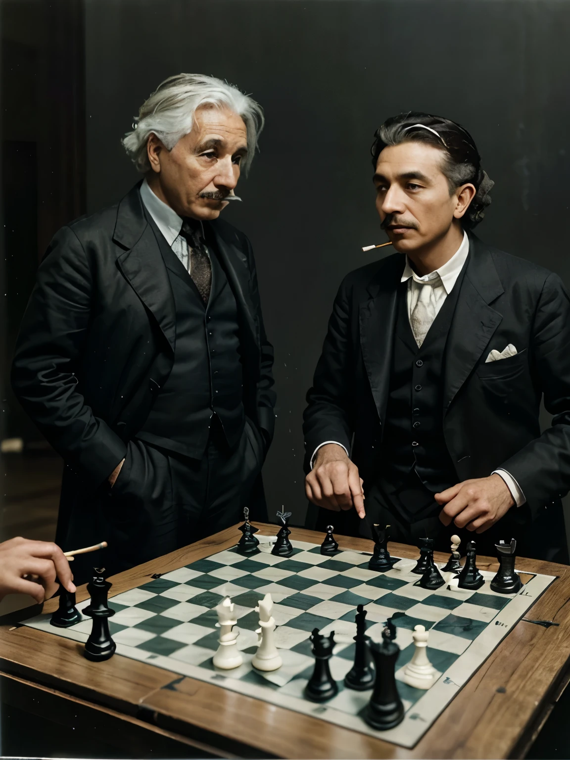 Einstein is focused on the game, holding the chess piece in his right hand, looking at the board with concentration. Tesla appears to be more relaxed, holding a cigarette in his left hand, looking at Einstein with a slight smile