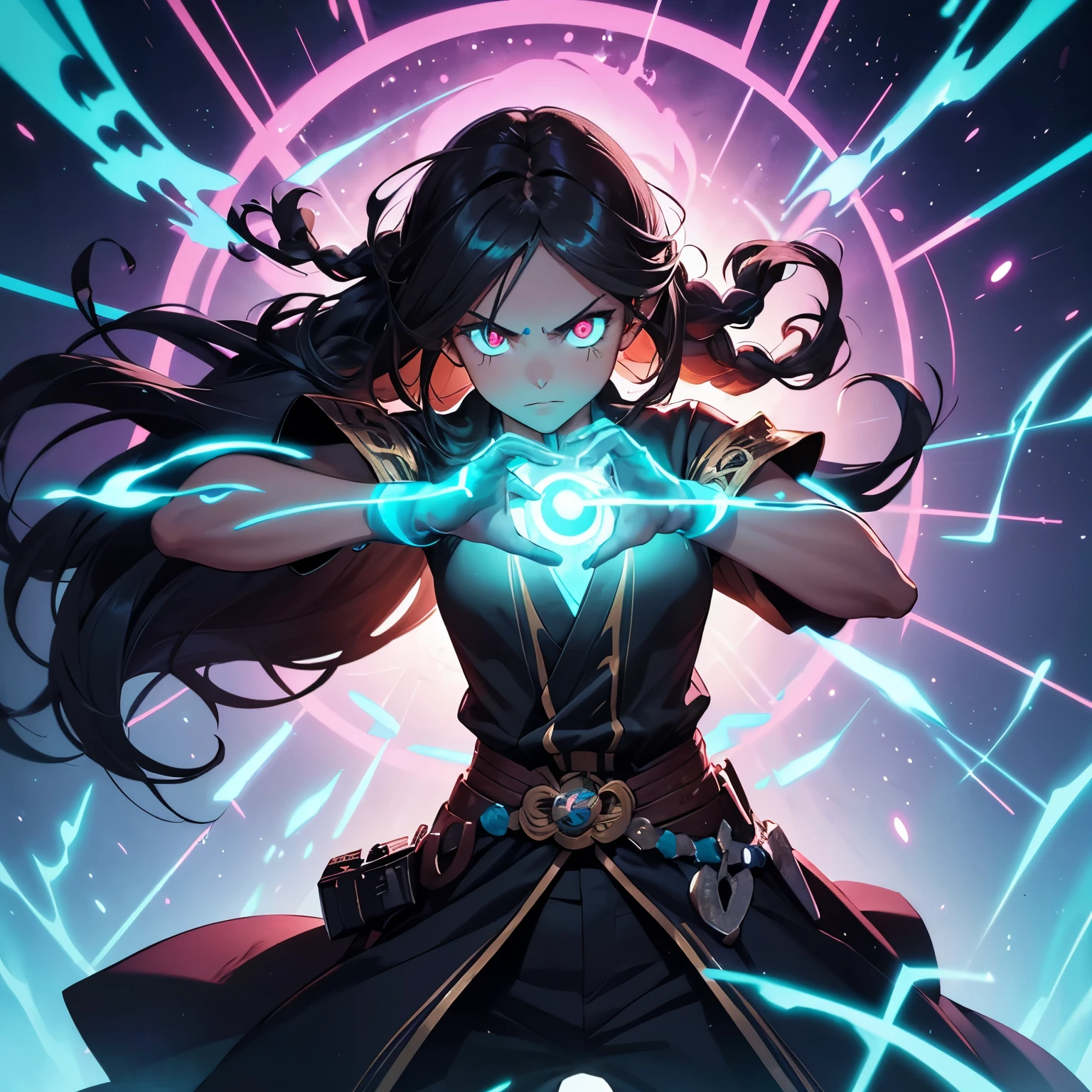 girl, female, tanned skin, brown skin, 4th dimension, time mage, long branded hair, time magic, solemn, serious, stoic, hair braid, contemporary business outfit, magic eye glow, dark hair, fighter, glowing hands, turquoise eye, glowing eye, jujutsu kaisen, glyphs, action pose, energy blast from hand