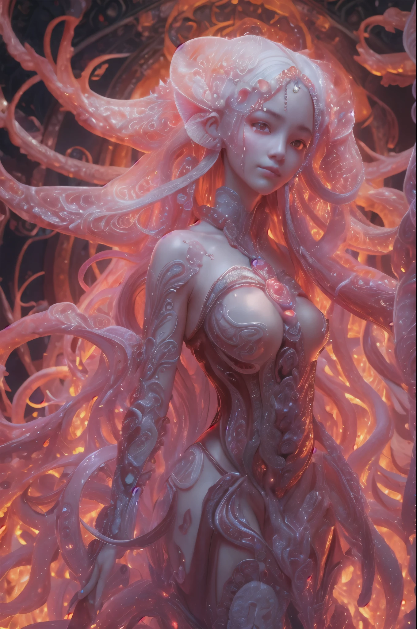  ((female ornate alien princess)), (with white long flowing hair), (bright beautiful red eyes), trending on artstation, tentacles of beautiy by Jean-Honor Fragonard, Peter mohrbacher, hyper detailed, insane details, stunning, intricate, elite, art nouveau, ornate, liquid wax, elegant, luxury, Greg Rutkowski, ink style, sticker, vector-art beautiful character design, double exposure shot, luminous design, award winning, masterpiece, amoled black background, (There is a female genital-like organ in the middle of the forehead:1.9)