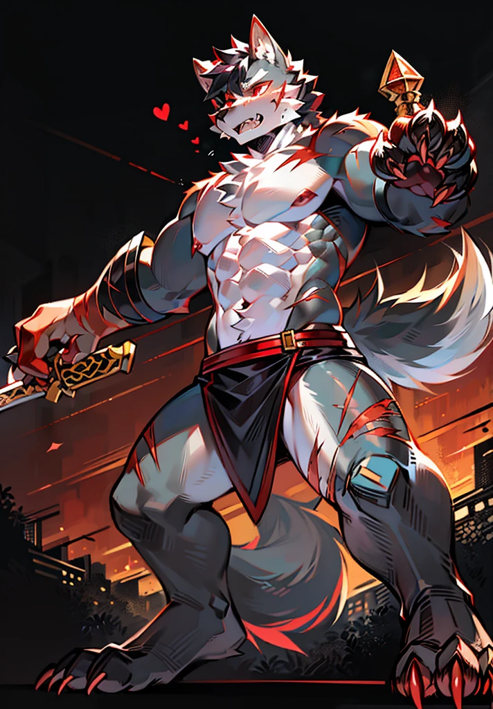 HD,single player,Wolf Animal Humanoid,Muscle tissue,out of stock,male figure,full body standing painting,Short hair details,light gray fur,Black ears,Furry wolf tail,Dark gray tail root,The tip of the tail is white,black and white arms,Red paws,双手举起拿刀attack posture,The limbs are wolf claws,4 dark red fingers,4 toes turn black,Express,a long sword,attack posture,red eyes,18 years old,There are scars on the face,There are red stripes on the body,Dark system,cold-hearted,fangs