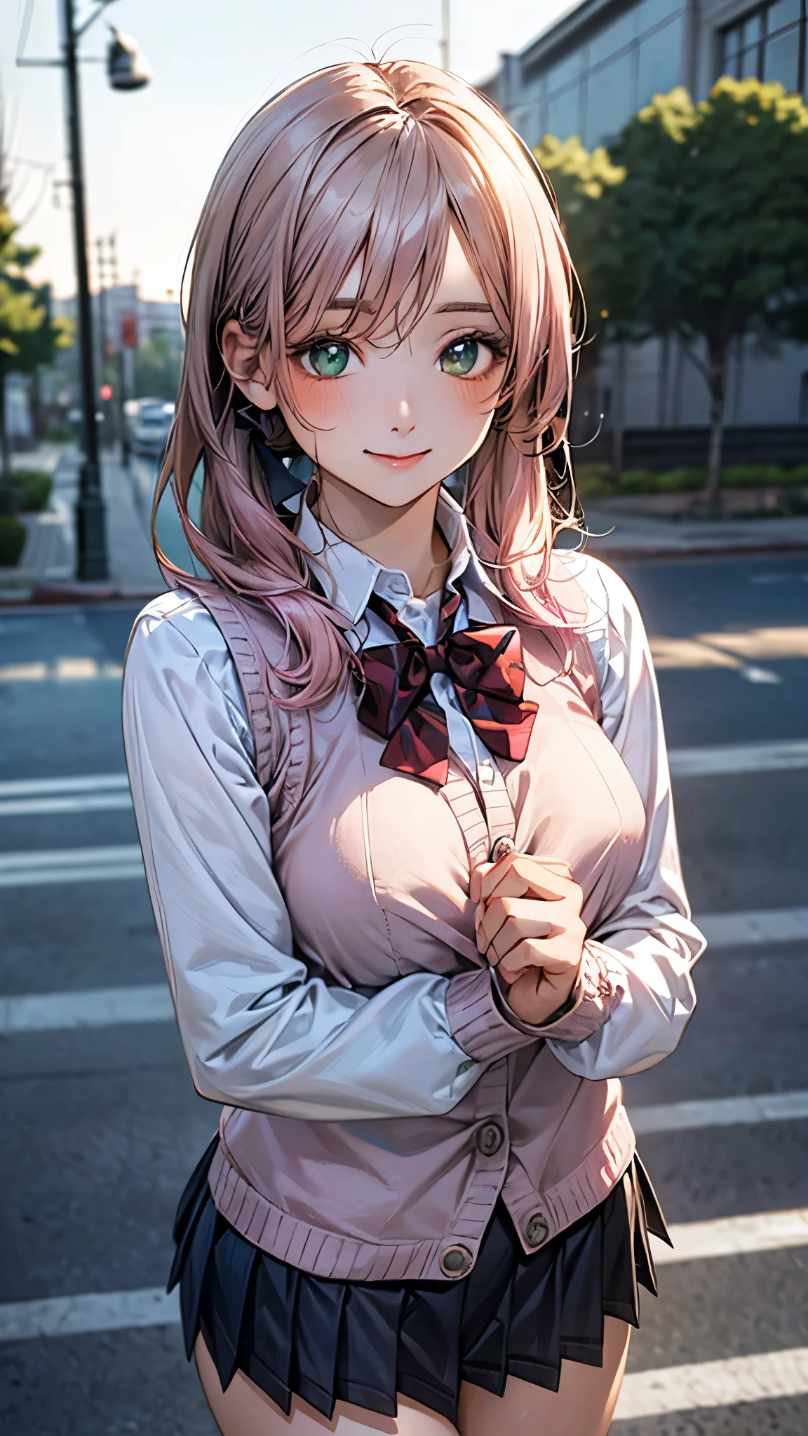 (masterpiece:1.2, top-quality), (realistic, photorealistic:1.4), beautiful illustration, (natural side lighting, movie lighting), nsfw,
looking at viewer, cowboy shot, front view:0.6, 1 girl, japanese, high school girl, perfect face, cute and symmetrical face, shiny skin,
(long hair:1.8, side ponytail:1.7, sidelocks, light pink hair), parted bangs, emerald green eyes, long eye lasher, (large breasts:0.8, thick thighs),
beautiful hair, beautiful face, beautiful detailed eyes, beautiful clavicle, beautiful body, beautiful chest, beautiful thigh, beautiful legs, beautiful fingers,
((((long sleeve)), roll up sleeves, white collared shirts, navy pleated mini skirt, black socks, brown loafers, red bow tie, pastel pink sleeveless knitted vest, black headband)), pink panties,
(beautiful scenery), evening, riverside, walking, hands on chest, (lovely smile, upper eyes),