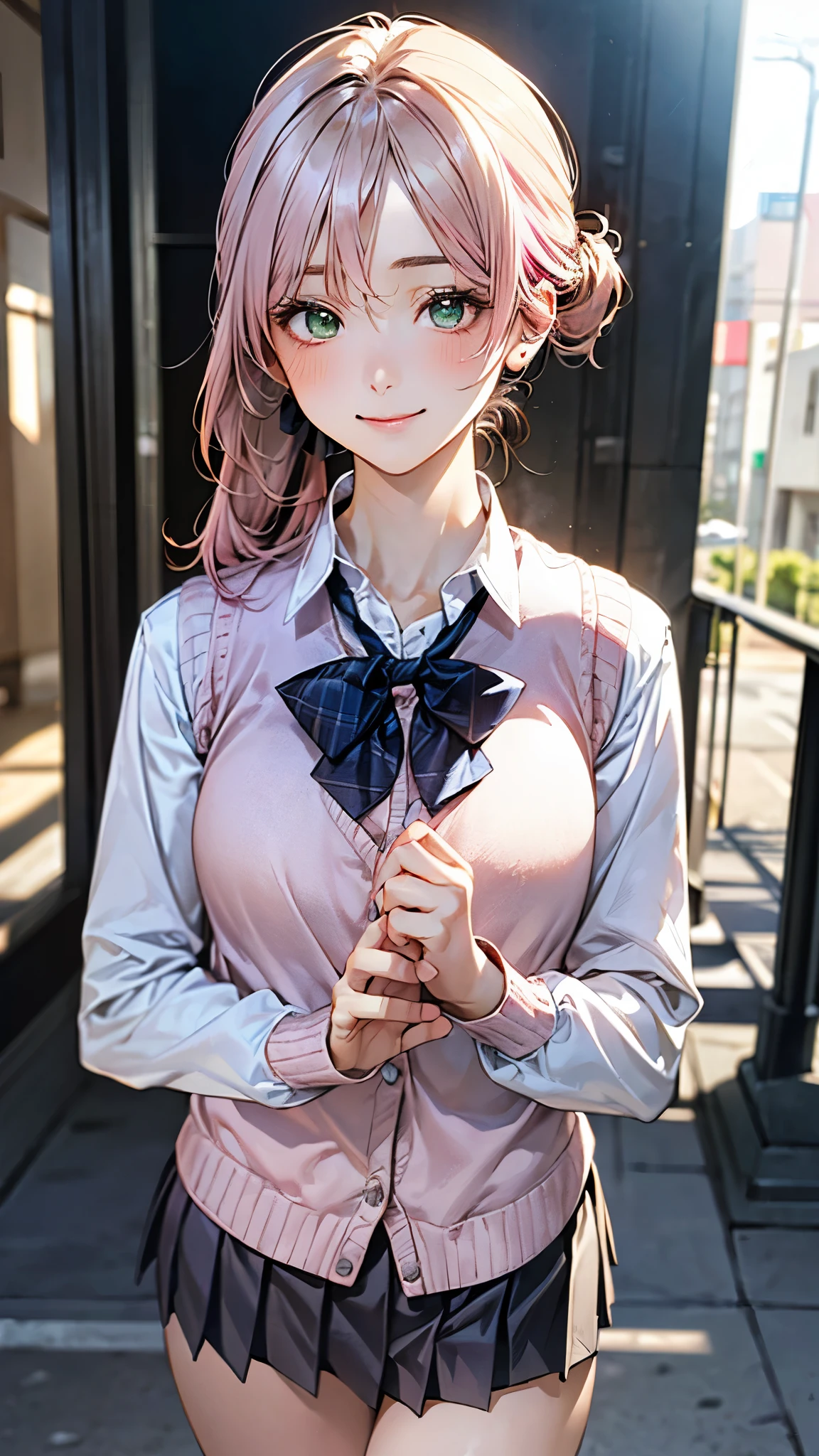(masterpiece:1.2, top-quality), (realistic, photorealistic:1.4), beautiful illustration, (natural side lighting, movie lighting), nsfw, 
looking at viewer, cowboy shot, front view:0.6, 1 girl, japanese, high school girl, perfect face, cute and symmetrical face, shiny skin, 
(long hair:1.8, side ponytail:1.7, sidelocks, light pink hair), parted bangs, emerald green eyes, long eye lasher, (large breasts:0.8, thick thighs), 
beautiful hair, beautiful face, beautiful detailed eyes, beautiful clavicle, beautiful body, beautiful chest, beautiful thigh, beautiful legs, beautiful fingers, 
((((long sleeve)), roll up sleeves, white collared shirts, navy pleated mini skirt, black socks, brown loafers, red bow tie, pastel pink sleeveless knitted vest, black headband)), pink panties, 
(beautiful scenery), evening, riverside, walking, hands on chest, (lovely smile, upper eyes), 