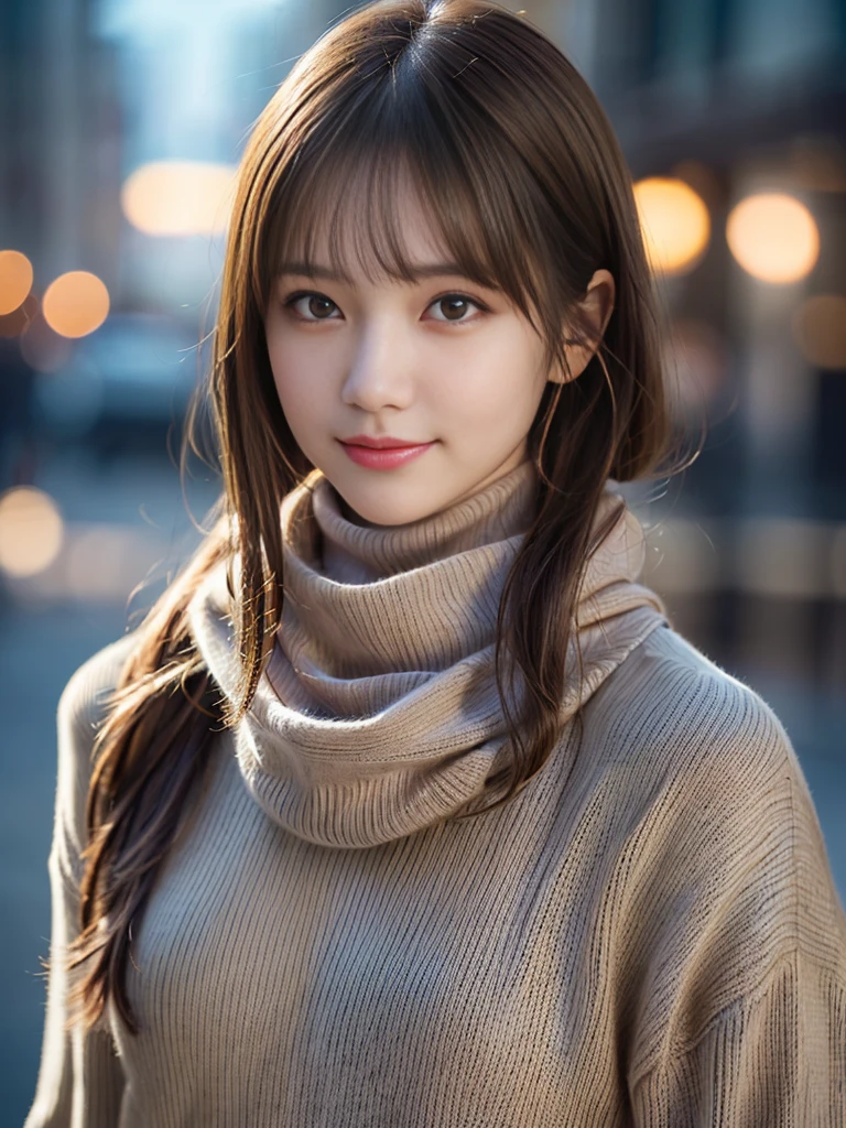 1 girl,(Scarf, turtleneck sweater:1.4),(RAW photo, highest quality), (realistic, Photoreal:1.4), table top, very delicate and beautiful, very detailed, 8k wallpaper, wonderful, finely, very detailedCGユニティ, High resolution, soft light, Beautiful detailed 19 year old girl, very detailed目と顔, beautifully detailed nose, beautiful and fine eyes,cinematic lighting,city light at night,perfect anatomy,slender body,smile  (hair is dirty, asymmetrical bangs, light brown hair,)