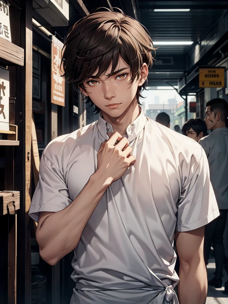 The guy is brown-haired, with striking contrasts of completely white eyes, framed by a short haircut that subtly revealed slight curls. His body bore the evidence of past hardships, marked by scars and covered in bandages on his hands. Dressed all in white, he moved with a relaxed and composed demeanor, the tranquility of his face a stark contrast to the urban hustle and bustle around him.
