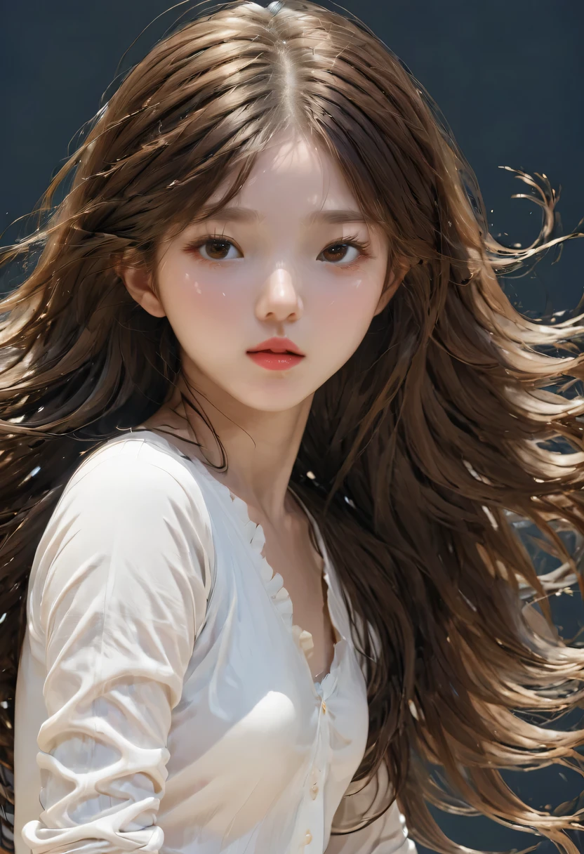 (charming)(masterpiece), (best quality),1 girl,Upper body,(Double contact:1.2),(simple background:1), (angle),(动态angle),messy long hair,(low contrast),(flat color:0.7)