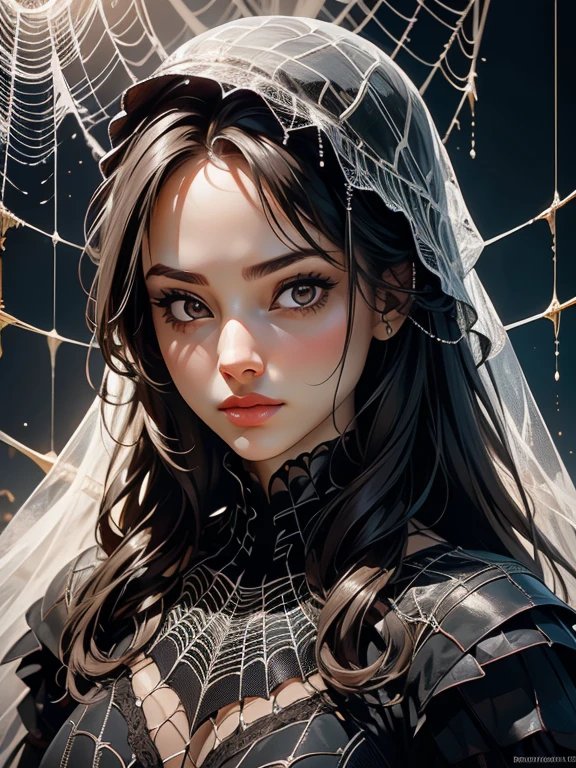 (best quality), (high detail), (1girl), (Close up), (headshot), A close up of a beautiful woman looking through a spiders web, (web), (spiders), (Black an White), HDR, 4K, 3D.