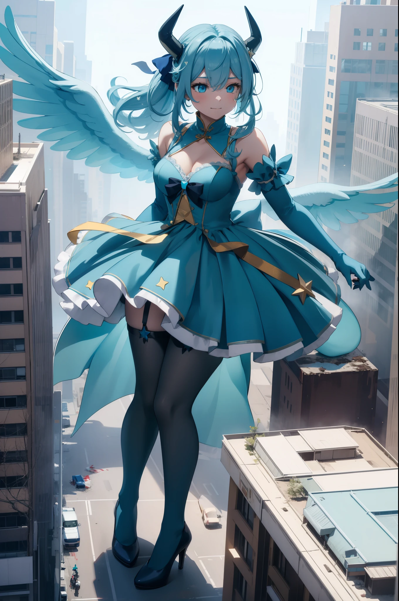 Aerial View，giant girl 50,000 feet high，Weight 1000kg，Has a pair of huge blue angel wings，With huge devil horns on his head，Has waist-length blue hair，loose hair，Blue wavy hair，cyan crown，Wearing a pair of cyan Mary Jane high heels，cyan lace gloves，Cyan lace pantyhose，Pantyhose with bow and star decorations，青色蕾丝whole body，Standing upright on a small city，Beautiful appearance，Exquisite makeup，quality，8k，高quality，Perfect proportion, Cinema lighting，film grain，Fuji colors，8k，textured skin，Super details，high detail，high resolution，fake smile，blood stains，脚底有blood stains，whole body，Obese，feather