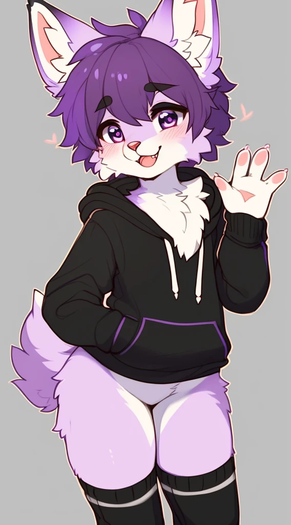 Furry male, eyeliner, eyelashes, (((black eyeshadow))), ((male focus)), lynx, fennec, (((violet fur))), (purple hair), furry, cute fangs, cute, medium hair, furry, anime style, fluff, fluffy, thuft, disheveled, realistic fur, detailed, detailed shadows, ((cheeks fluff)), ((fullrender)), (((neck fluff))), <3 eyes, icon portrait, avatar icon, only face, ((super fluffy)), (upper body), one fang, ((shirtless)), ((shoulder fluff)), ((shoulder tuft)), (((fluffy body))), (((furry body))), thicc thighs, detailed hands, (by coffeesoda:1.1), by hioshiru, yiffy, by claweddrip, teasing face, ((bedroom background)), (((kemono))), ((arm warmers)), (((by kilver))), upper body, seductive pose, exotic clothing, masterpiece, (((hoodie))), black clothes, ((leg warmers)), waving,