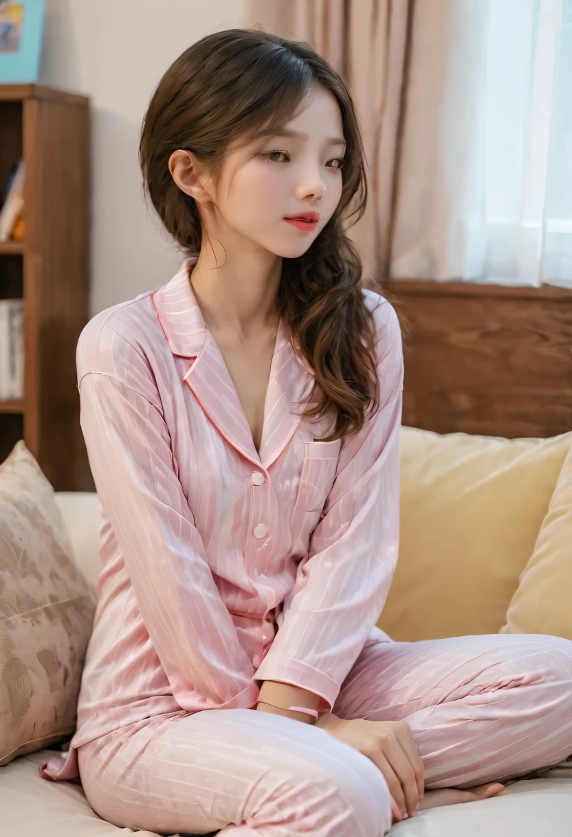 in sexy pajamas, graceful figure, flirtatious, Study room, sofa, random charming actions, face camera, imaginative, first love