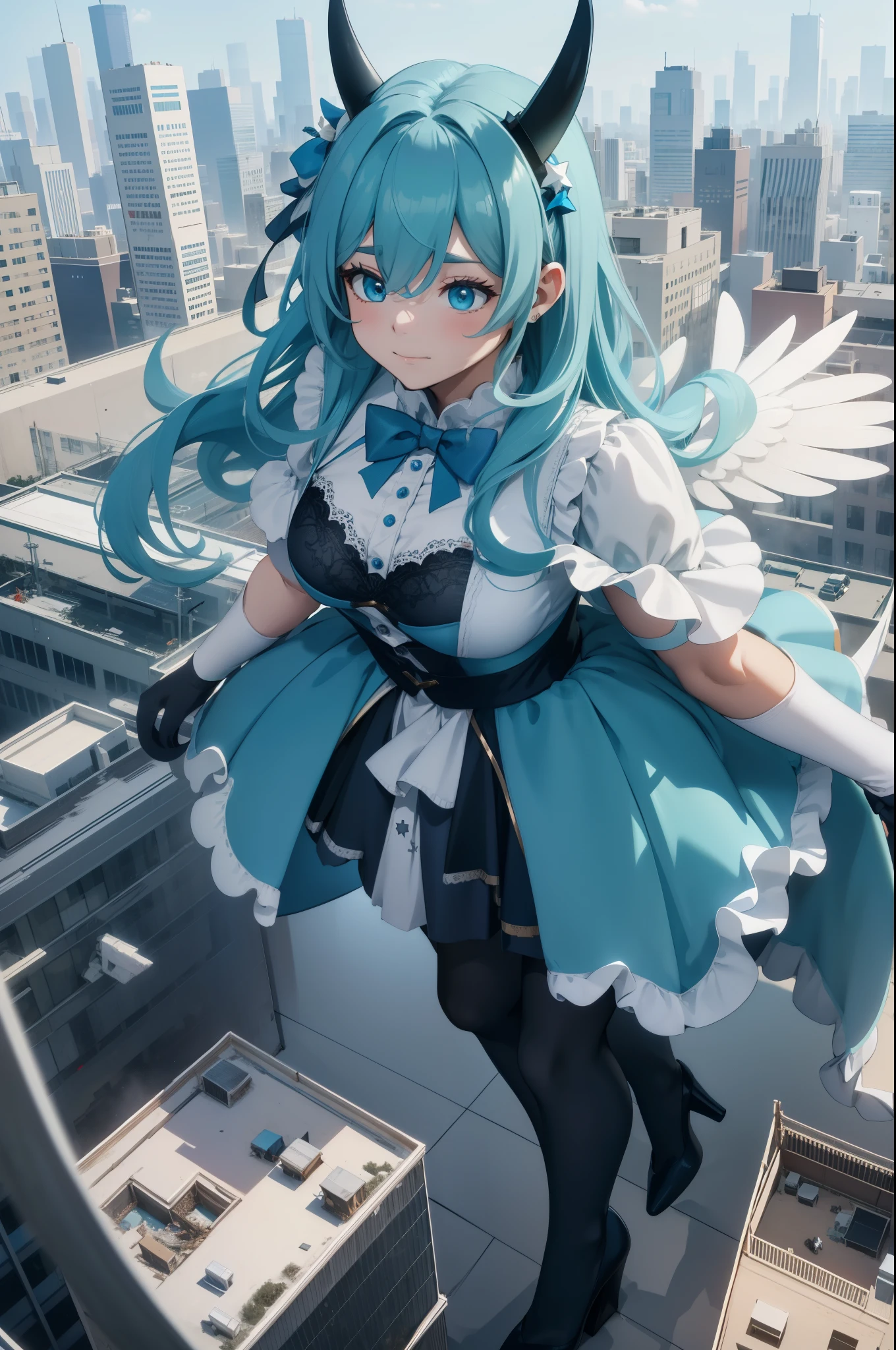 Aerial View，giant girl 50,000 feet high，Weight 1000kg，Has a pair of huge blue angel wings，With huge devil horns on his head，Has waist-length blue hair，loose hair，Blue wavy hair，cyan crown，Wearing a pair of cyan Mary Jane high heels，cyan lace gloves，Cyan lace pantyhose，Pantyhose with bow and star decorations，青色蕾丝whole body，Standing upright on a small city，Beautiful appearance，Exquisite makeup，quality，8k，高quality，Perfect proportion, Cinema lighting，film grain，Fuji colors，8k，textured skin，Super details，high detail，high resolution，fake smile，blood stains，脚底有blood stains，whole body，Obese，feather