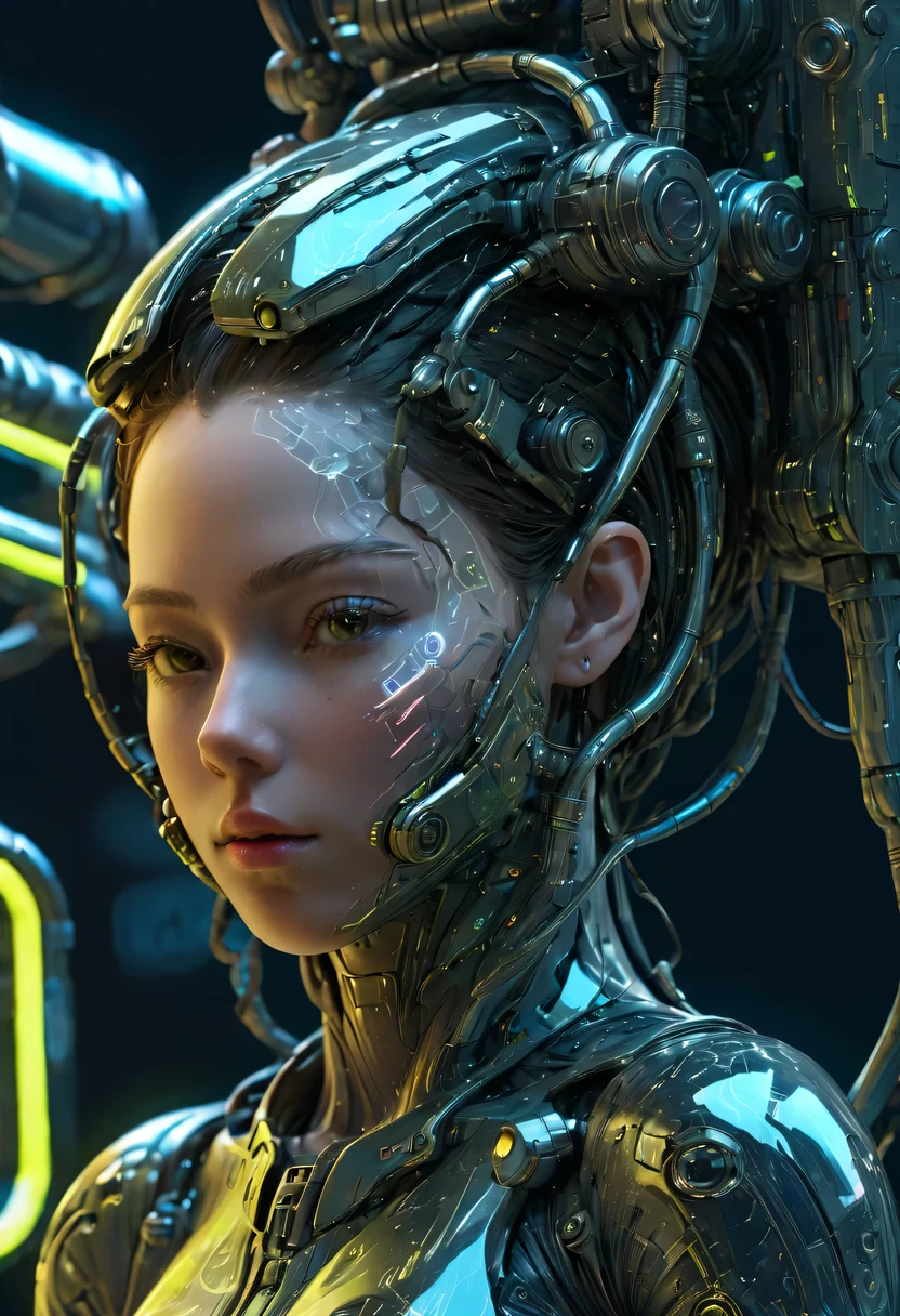 1mechanical girl,((ultra realistic details)), portrait, global illumination, shadows, octane render, 8k, ultra sharp,metal,intricate, ornaments detailed, cold colors, egypician detail, highly intricate details, realistic light, trending on cgsociety, glowing eyes, facing camera, neon details, machanical limbs,blood vessels connected to tubes,mechanical vertebra attaching to back,mechanical cervial attaching to neck,sitting,wires and cables connecting to head