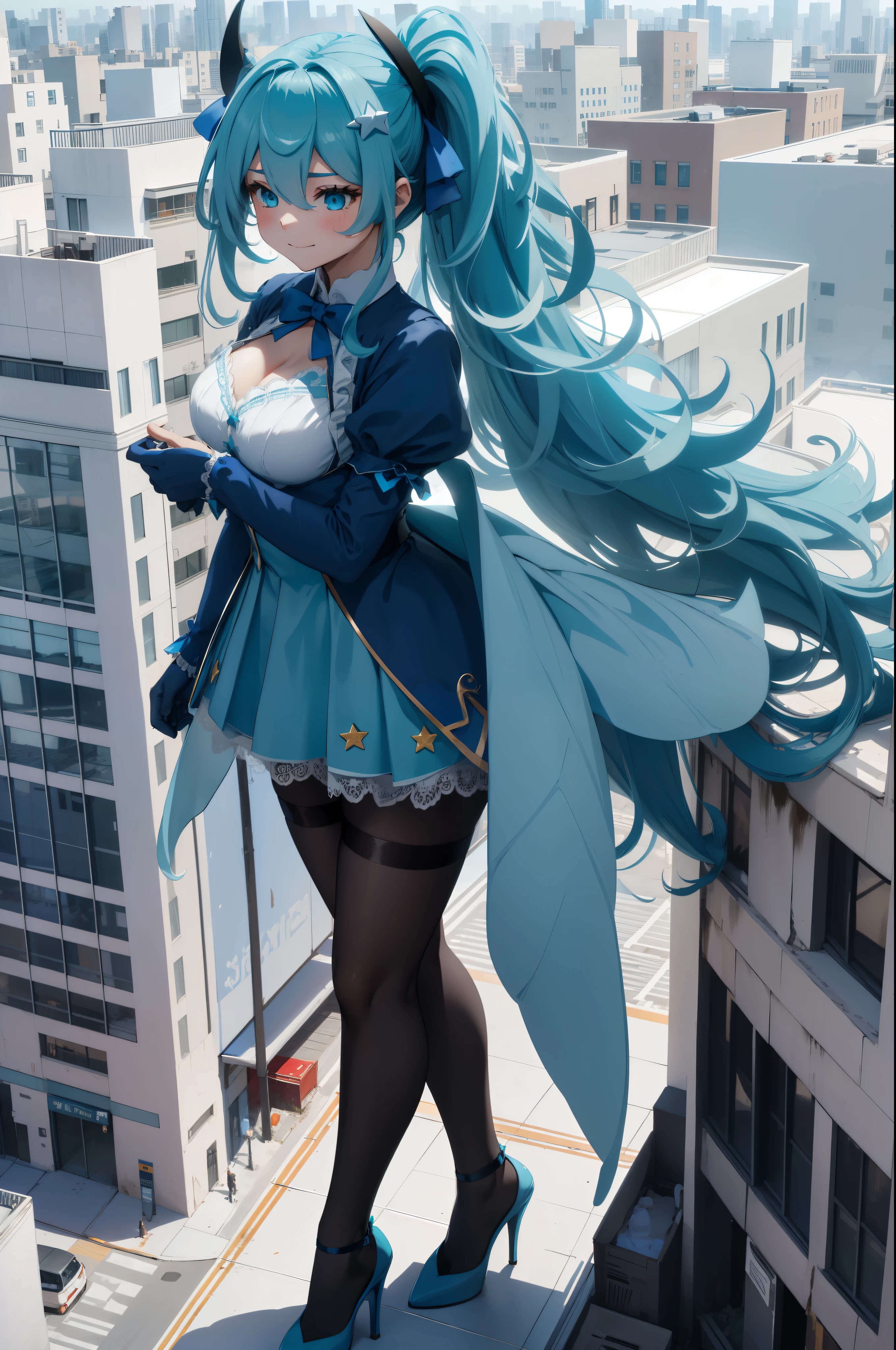 Aerial View,giant girl 50,000 feet high,Weight 1000kg,Has a pair of huge blue angel wings,With huge devil horns on his head,Has waist-length blue hair,loose hair,blue wavy hair,cyan crown,Wearing a pair of cyan Mary Jane high heels,cyan lace gloves,Cyan lace pantyhose,Bow and star embellished tights,青色蕾丝whole body,Standing tall above the small town,Beautiful appearance,Exquisite makeup,quality,8k,高quality,Perfect proportion, Cinema lighting,film grain,Fuji colors,8k,textured skin,Super details,high detail,high resolution,fake smile,blood stains,脚底有blood stains,whole body,fat,feather