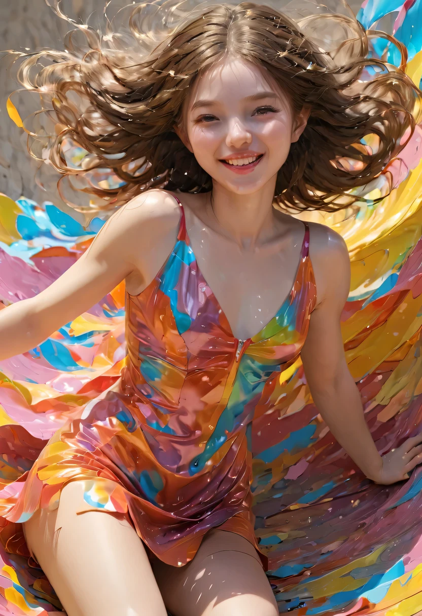 ((masterpiece, actual, best quality, extremely complex, alone, 1 girl)), Color connection, colorful的, Vibrant color scheme, colorful, spot color, national foundation, (portrait, Face focus), nose blushing, Sensual, cellar, noon, bending, (girl), (grinning:1.2), hair between eyes, raise your legs