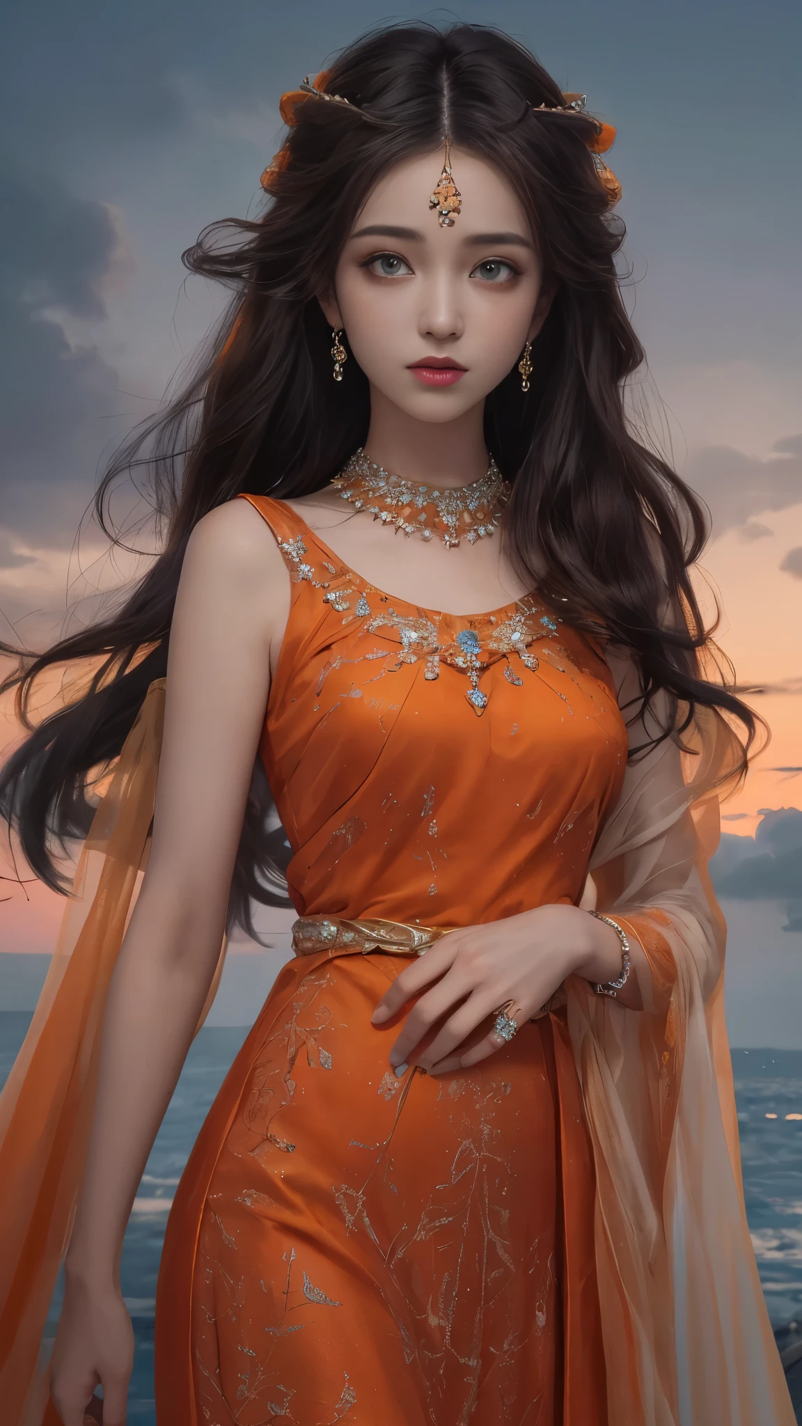 8K, Ultra HD, HD Color, masterpiece, 1 girl, good face, Luminous Eyes, detailed lips, ultra long hair, (rob orange dress:1.5), (jewellery:1.5), Super artistic, cloudy sky background, morning, dark shadow,