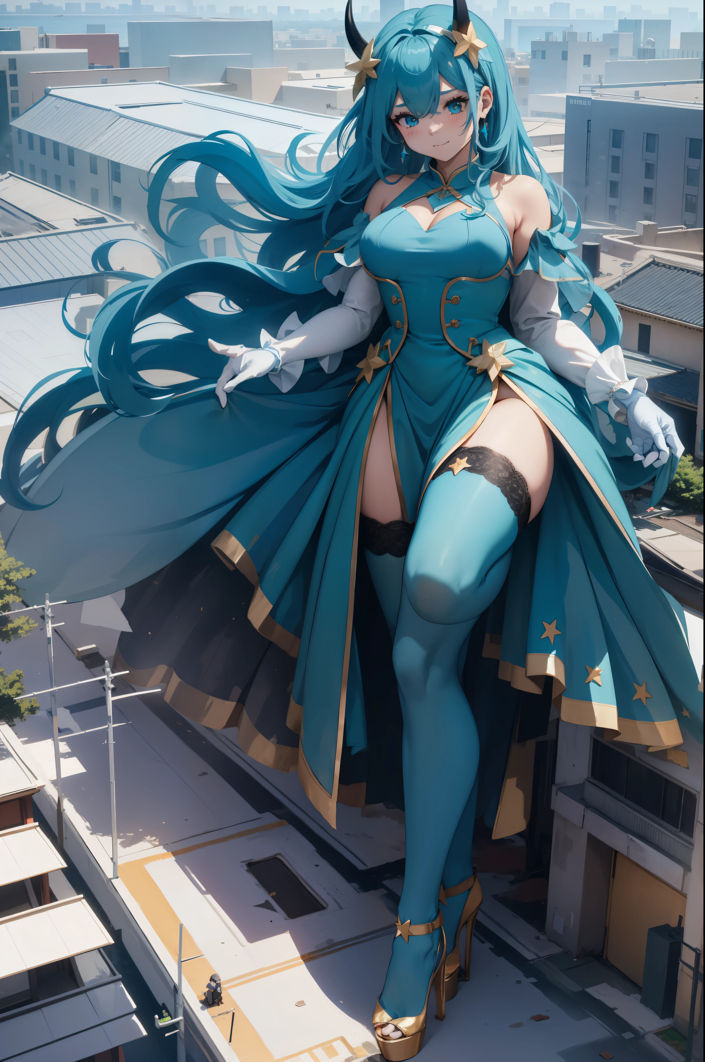 Aerial View，giant girl 50,000 feet high，Weight 1000kg，Has a pair of huge blue angel wings，With huge devil horns on his head，Has waist-length blue hair，loose hair，blue wavy hair，cyan crown，Wearing a pair of cyan Mary Jane high heels，cyan lace gloves，Cyan lace pantyhose，Bow and star embellished tights，青色蕾丝whole body，Standing tall above the small town，Beautiful appearance，Exquisite makeup，quality，8k，高quality，Perfect proportion, Cinema lighting，film grain，Fuji colors，8k，textured skin，Super details，high detail，high resolution，fake smile，blood stains，脚底有blood stains，whole body，fat，feather