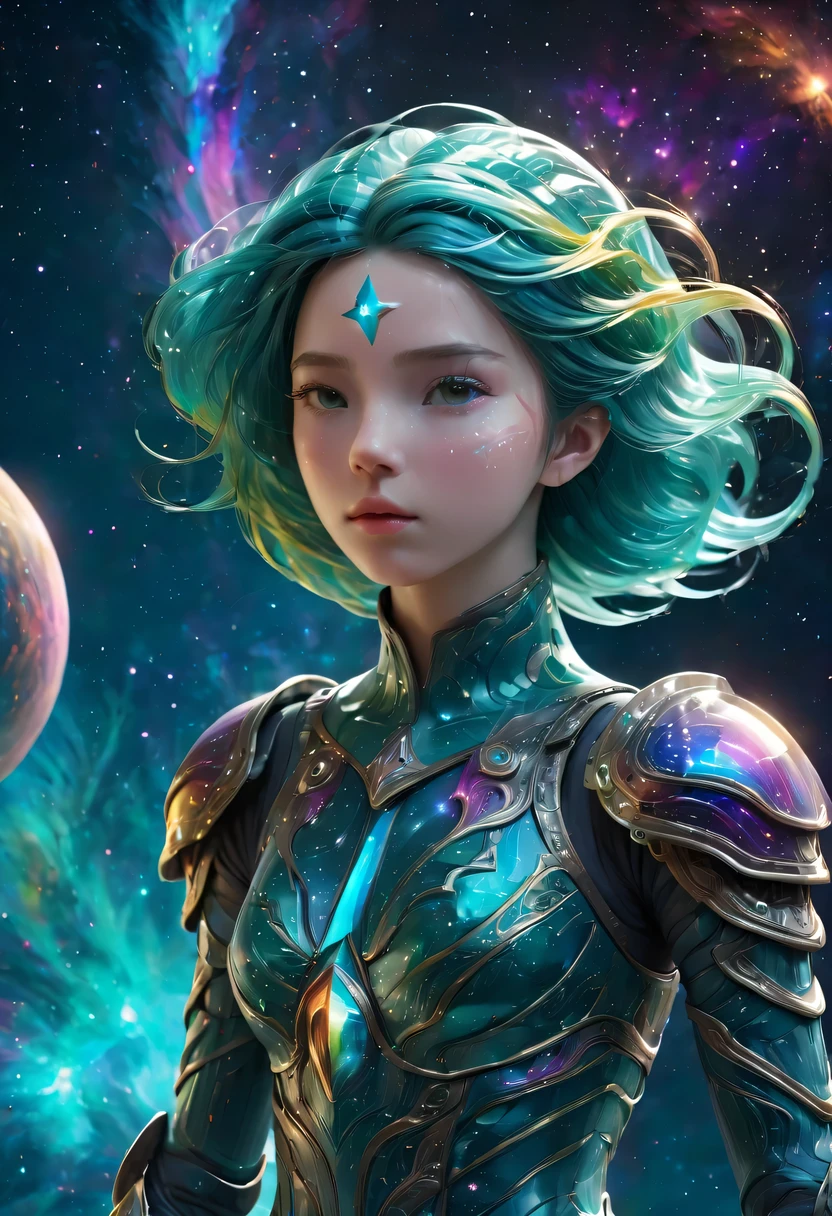 Girl with rainbow hair and delicate teal dress armor, Everlasting, Rainbow colored cosmic nebula background, Star, galaxy, intricate details, perfect face