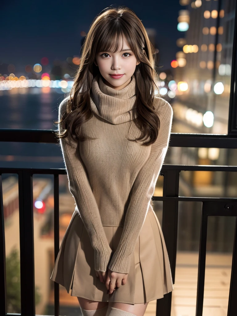 1 girl,(Scarf, turtleneck sweater:1.4),(RAW photo, highest quality), (realistic, Photoreal:1.4), table top, very delicate and beautiful, very detailed, 8k wallpaper, wonderful, finely, very detailedCGユニティ, High resolution, soft light, Beautiful detailed 19 year old girl, very detailed目と顔, beautifully detailed nose, beautiful and fine eyes,cinematic lighting,city light at night,perfect anatomy,slender body,smile (hair is dirty, asymmetrical bangs, light brown hair,)、long skirt、knee high socks、boots、The whole body is shown.、whole body、stand、bedroom、Natural brightness of room lighting