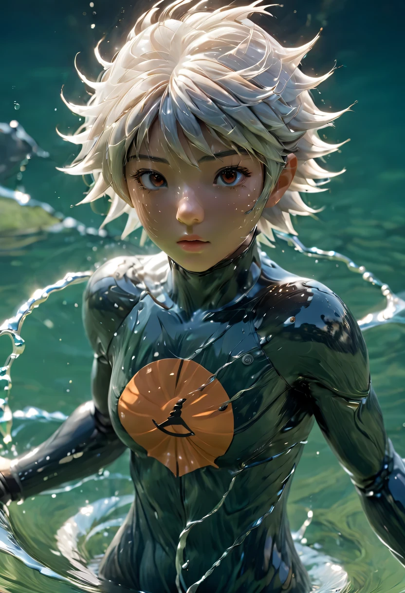 Kakashi Kiki, (in the lake), masterpiece, best quality, Super quality, Ridiculous details, The best light, best shadow, sharp, sharp picture, detailed face, detailed eyes, detailed hair, detailed, extremely detailed, great determination, 8k, 4K, ultra high definition, Ray tracing, beautiful effect, image (whole body)