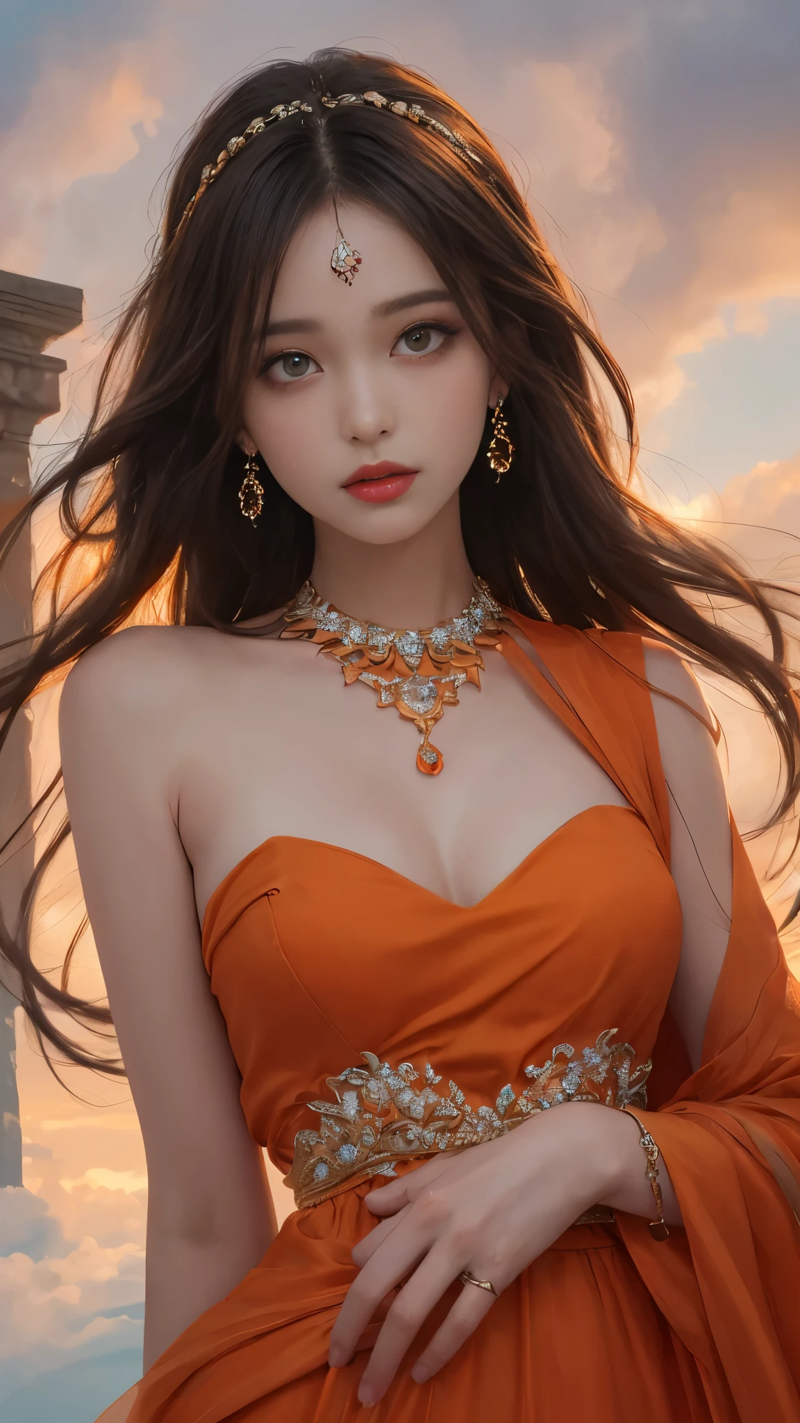 8K, Ultra HD, HD Color, ​masterpiece, 1 girl, good face, Luminous Eyes, detailed lips, ultra long hair, (rob orange dress:1.5), (jewellery:1.5), Super artistic, cloudy sky background, morning, dark shadow,